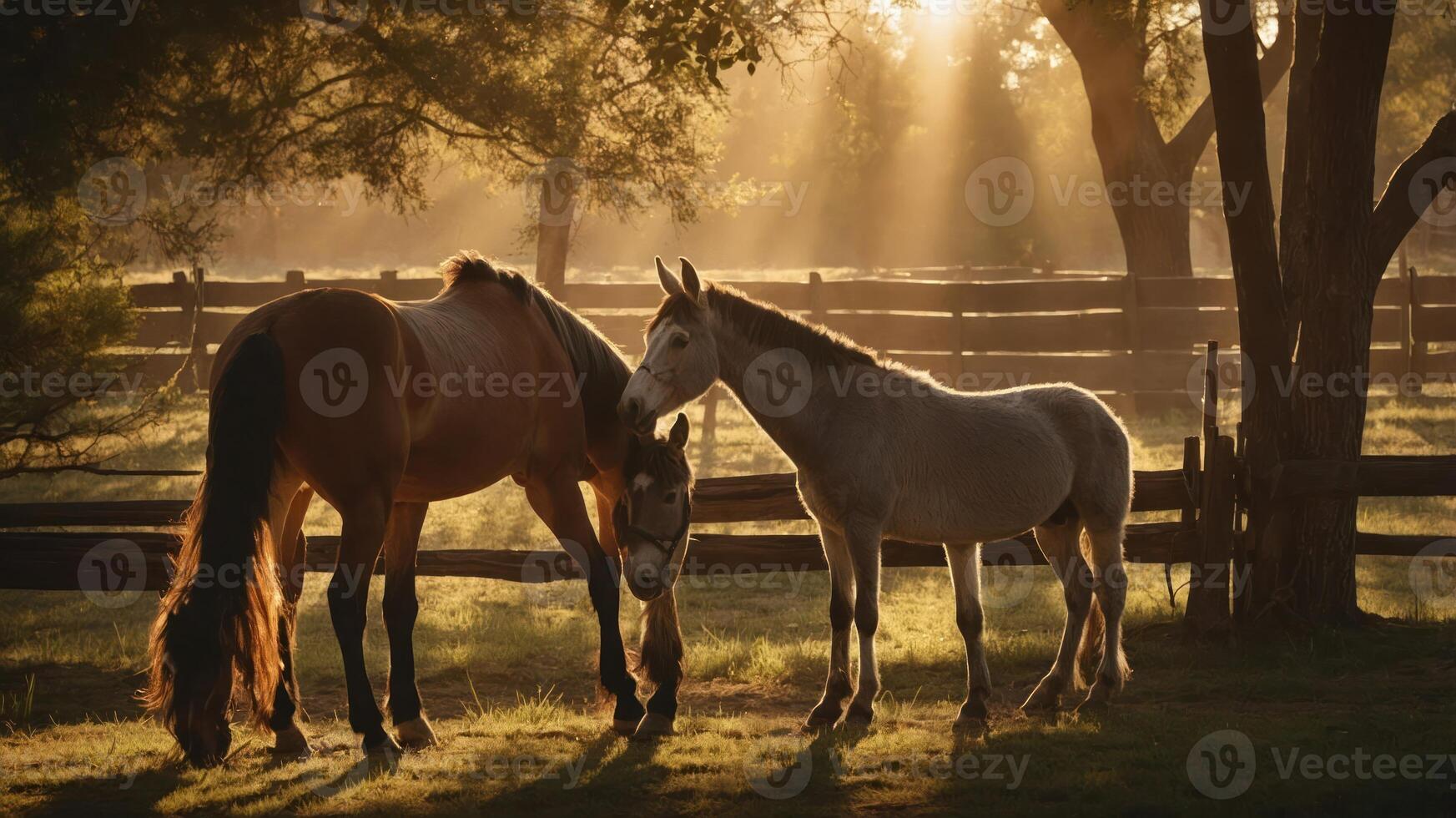 Two horses in a serene pasture, illuminated by soft sunlight filtering through trees. photo