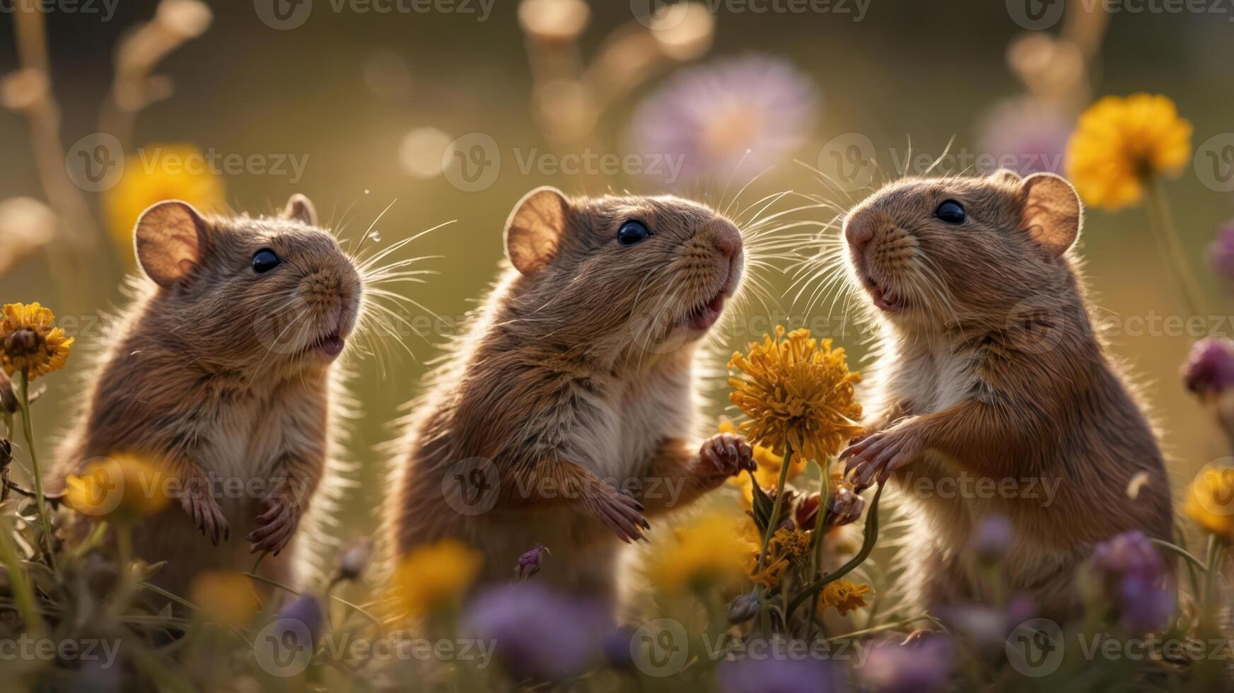 Three small rodents among colorful wildflowers in a serene outdoor setting. photo