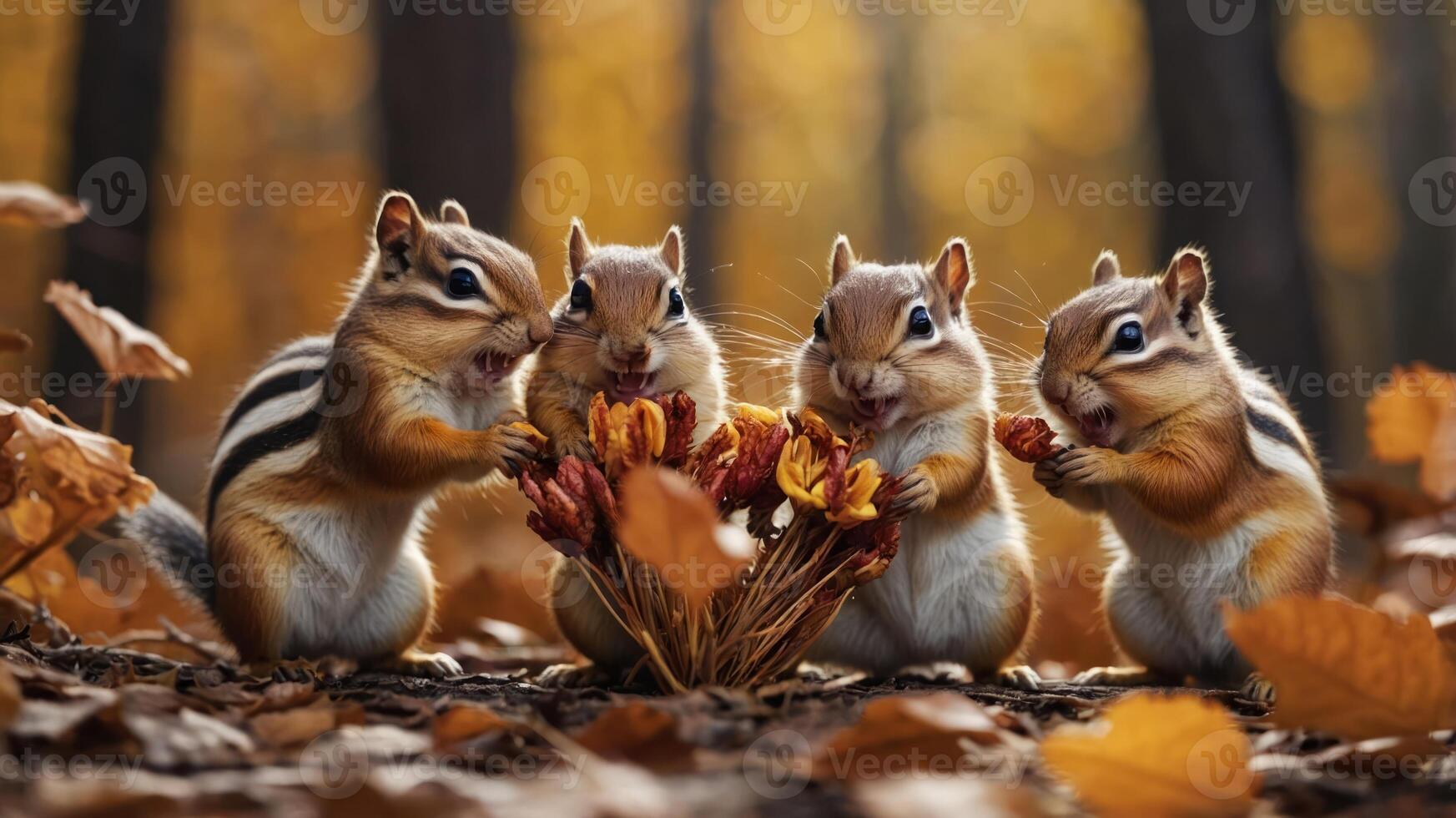 Four chipmunks gather around a bouquet of autumn leaves in a forest setting. photo