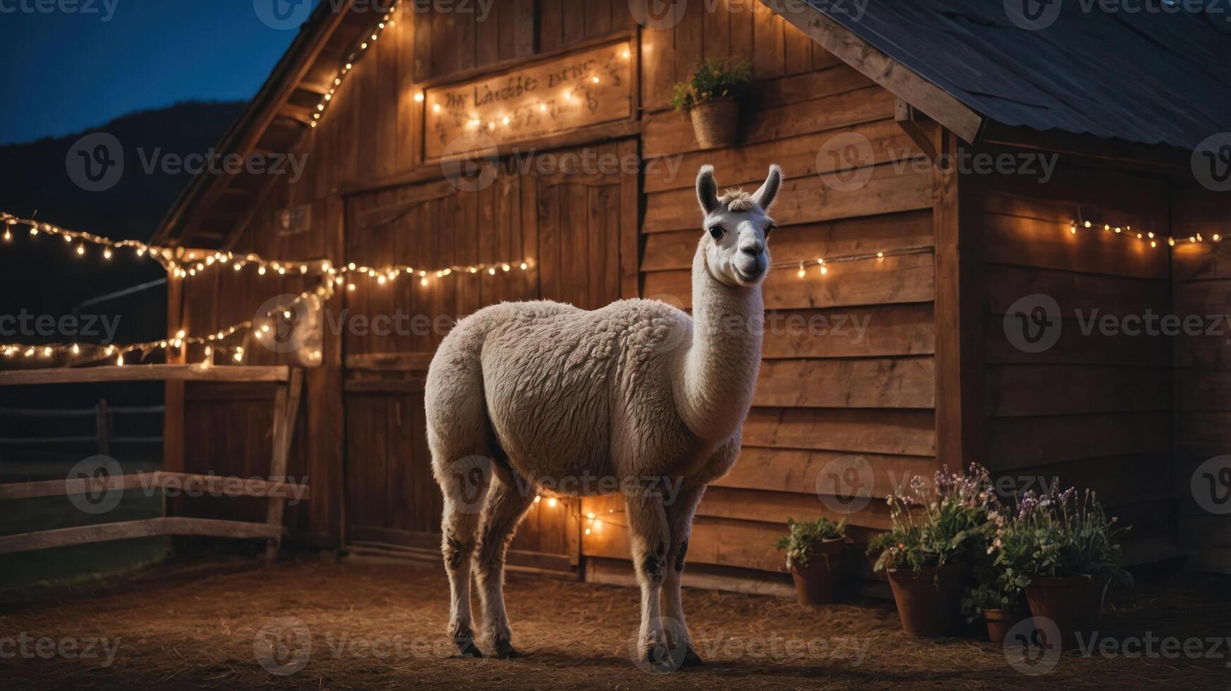 A charming llama stands in front of a rustic barn adorned with string lights at dusk. photo