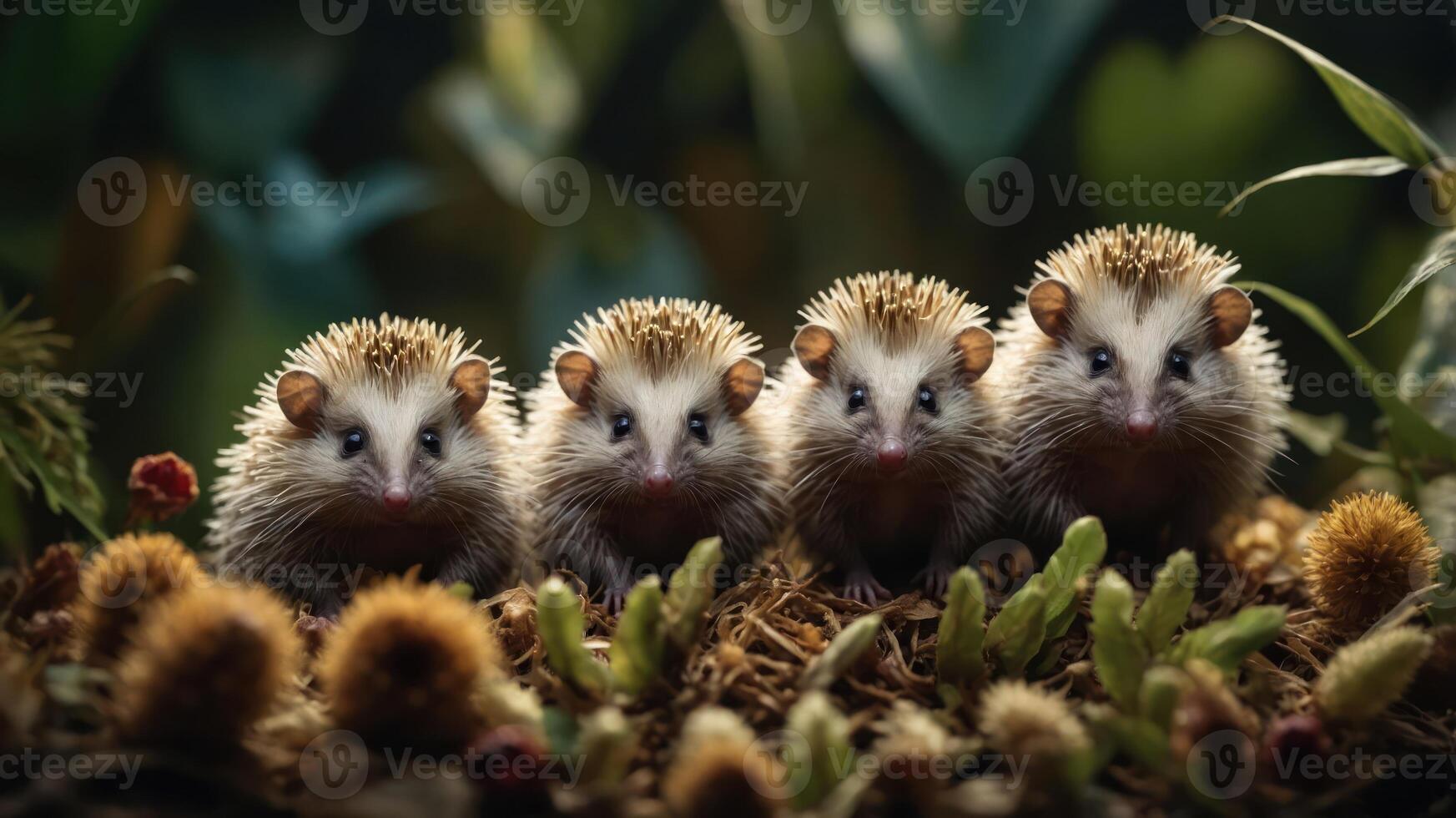 Four hedgehogs sitting together in a natural setting, showcasing their unique features. photo