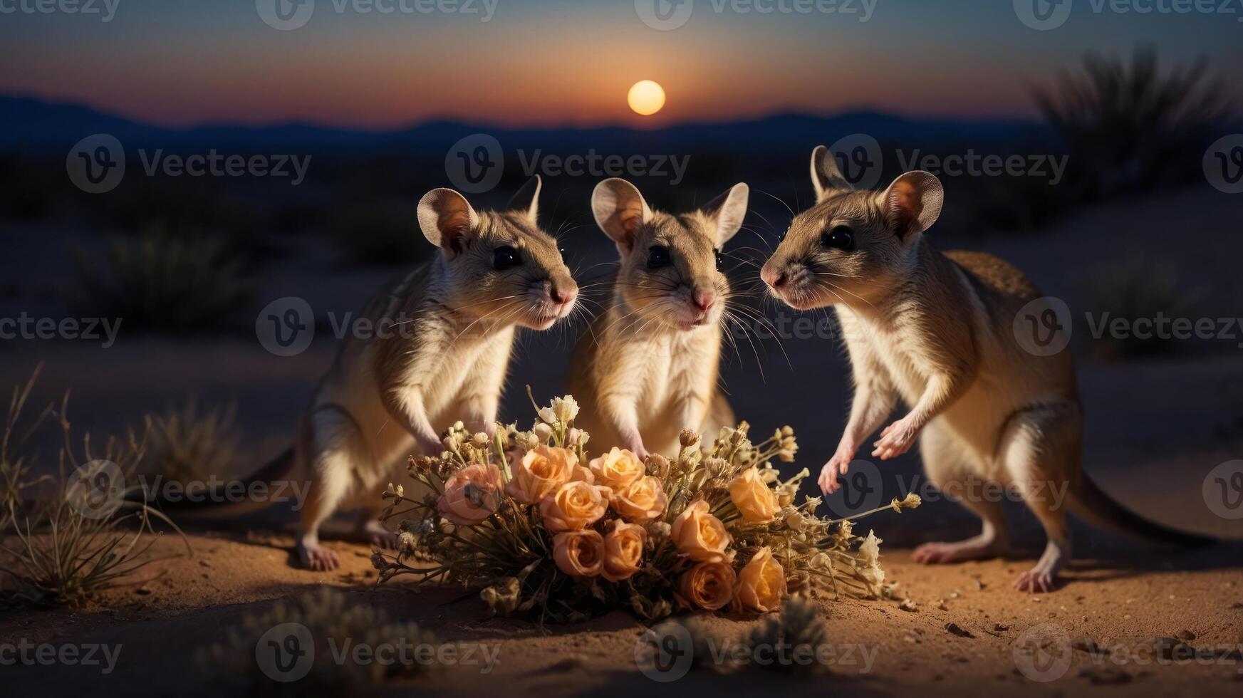 Three small animals gathered around a bouquet of flowers at sunset in a desert landscape. photo