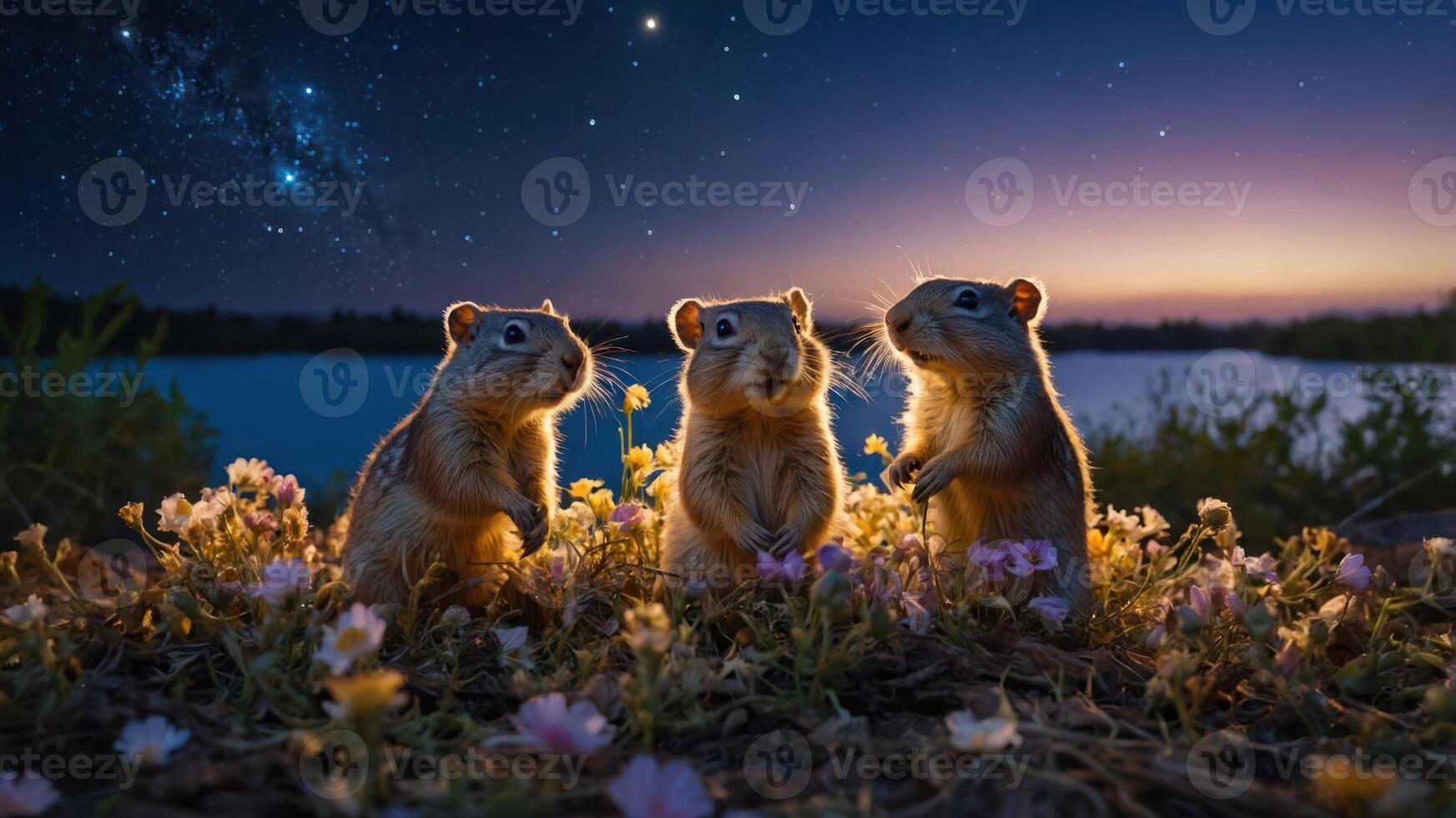 Three squirrels surrounded by flowers at twilight near a lake under a starry sky. photo