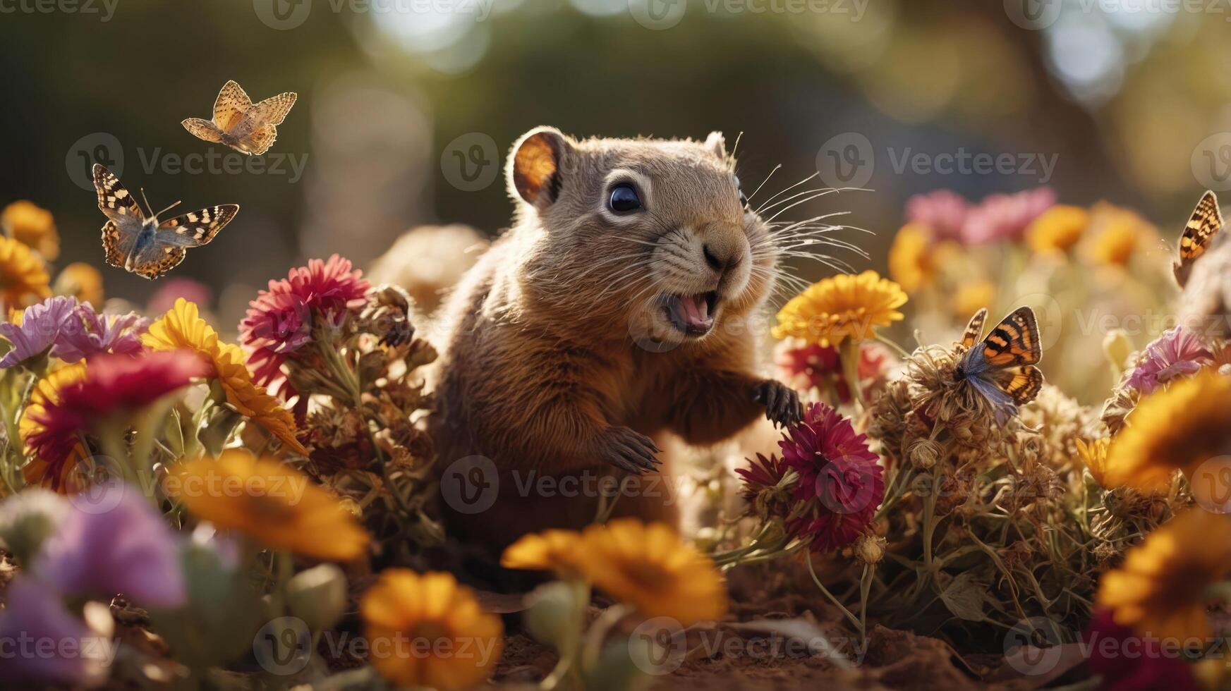 A playful squirrel among vibrant flowers and butterflies in a sunny garden setting. photo
