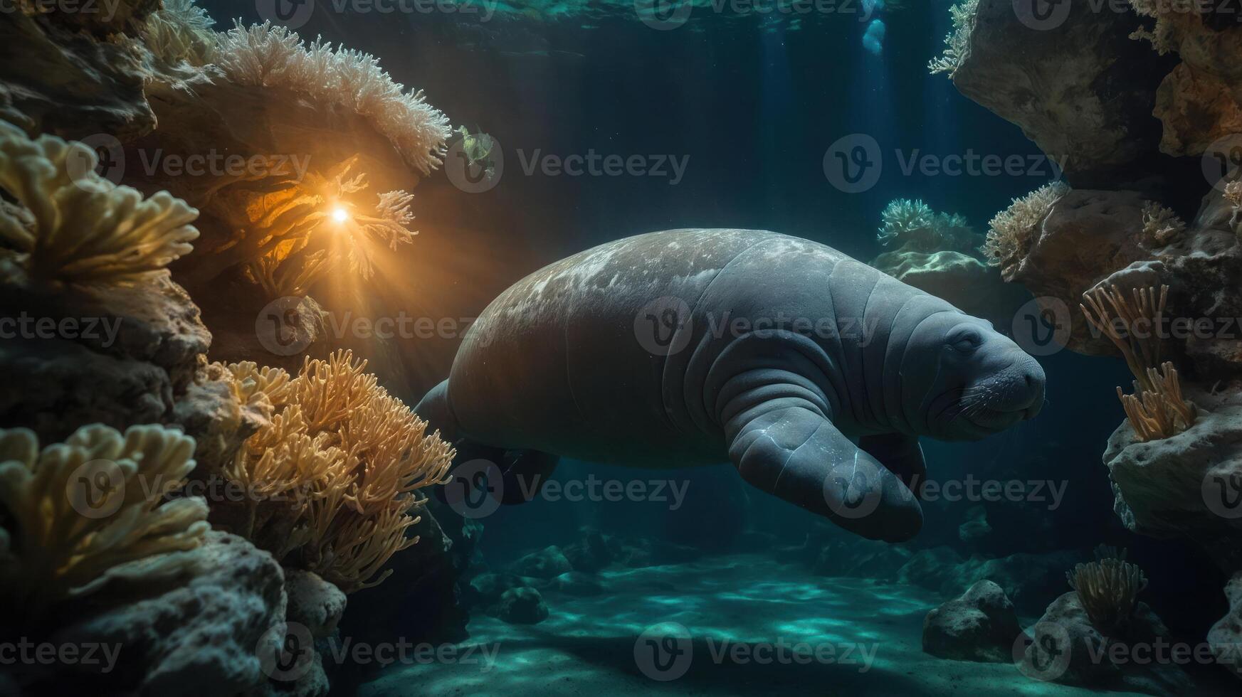 A serene underwater scene featuring a manatee swimming among coral and sunlight. photo