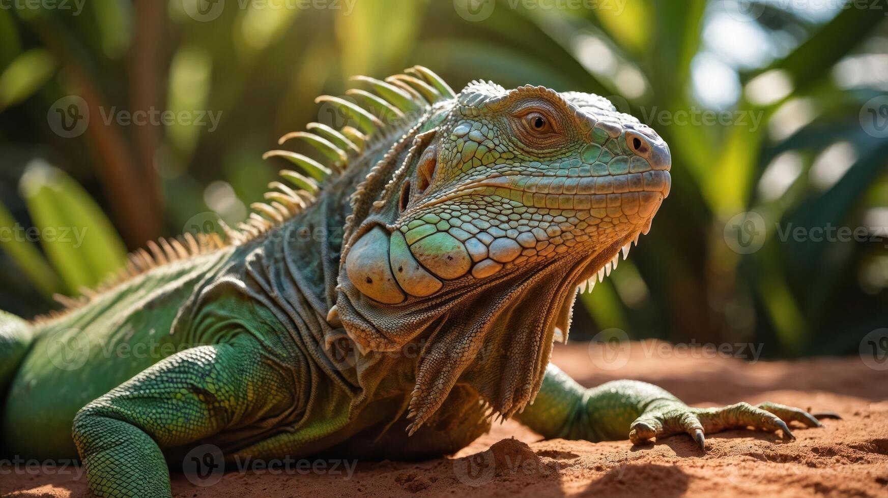 A close-up of a green iguana basking in a natural setting. photo