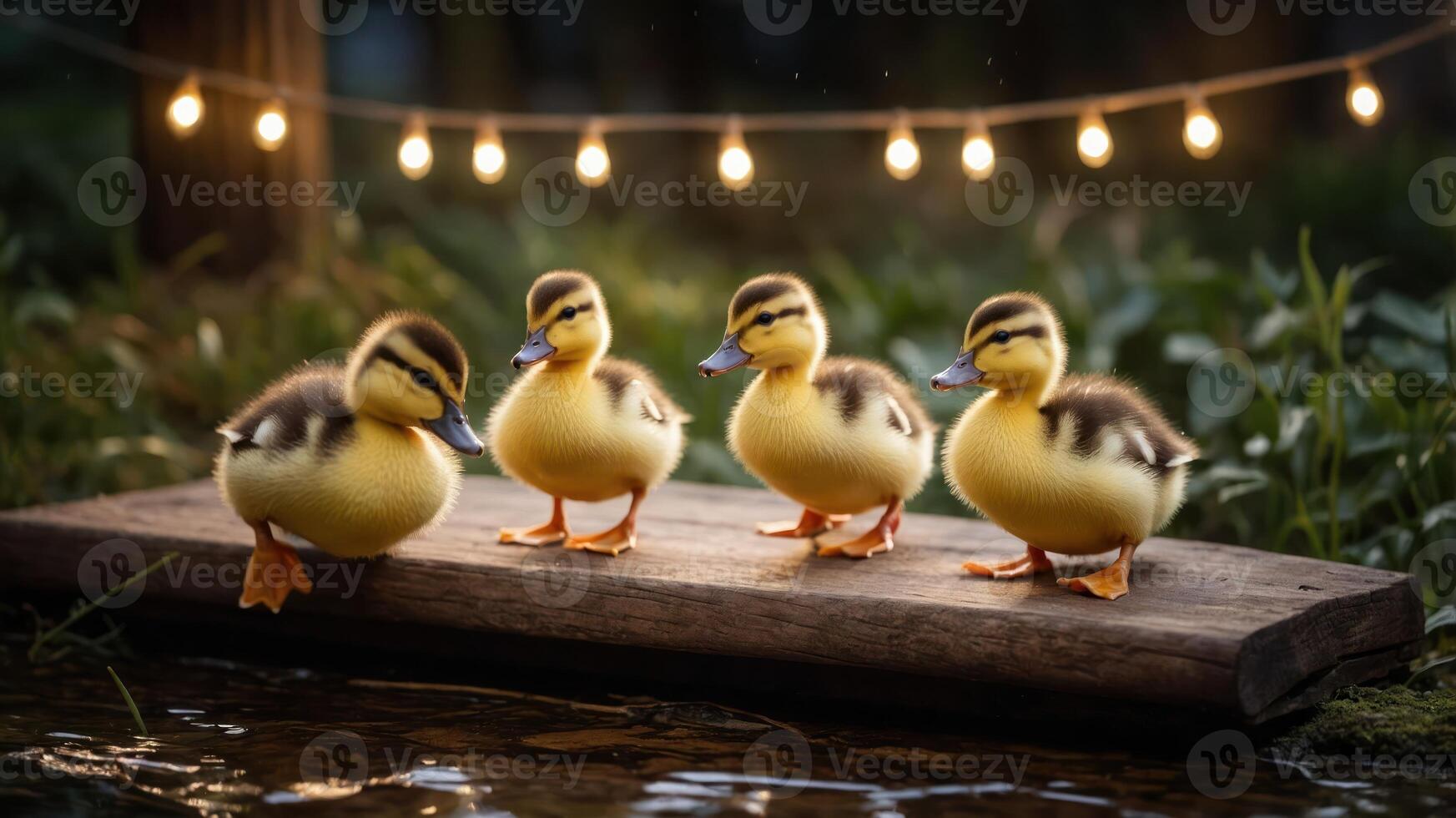 Four fluffy ducklings standing on a log by a stream, illuminated by string lights. photo