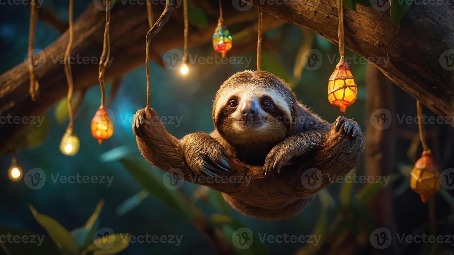 A sloth hangs playfully from a tree, surrounded by colorful lights in a lush environment. photo