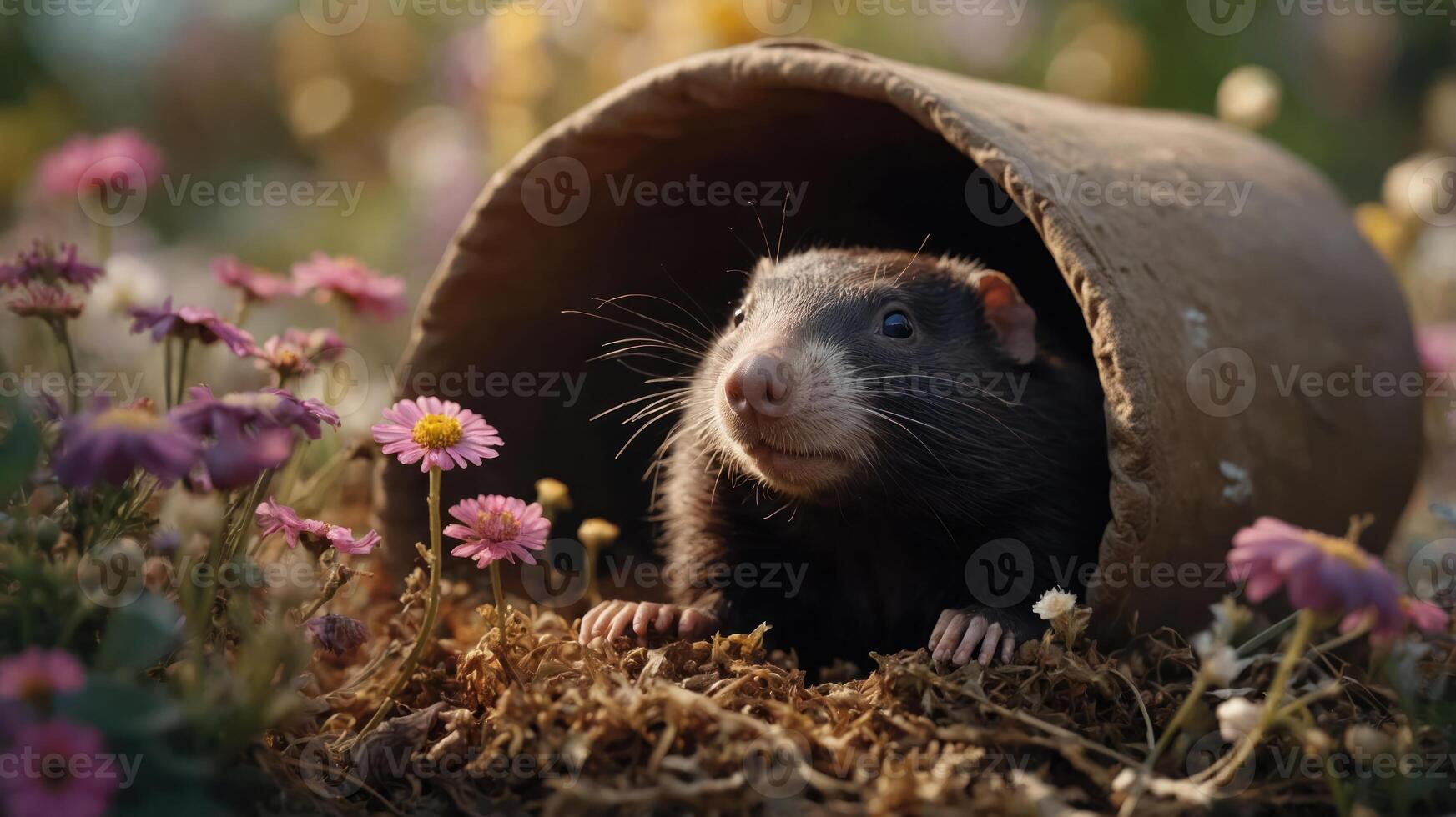 A small animal peeks out from a flower-filled garden, creating a serene and playful scene. photo