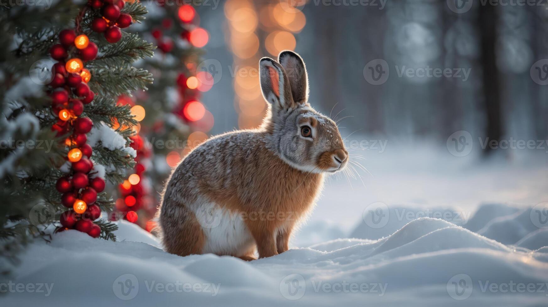 A rabbit sits in a snowy landscape near a decorated tree, evoking a winter holiday scene. photo