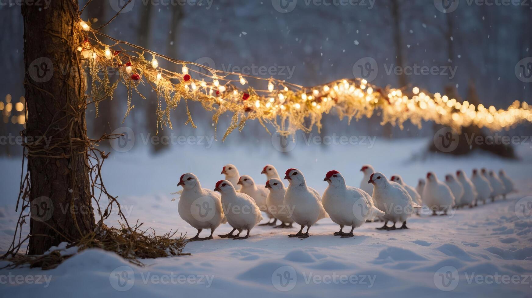 A serene winter scene with birds lined up under festive lights in a snowy landscape. photo
