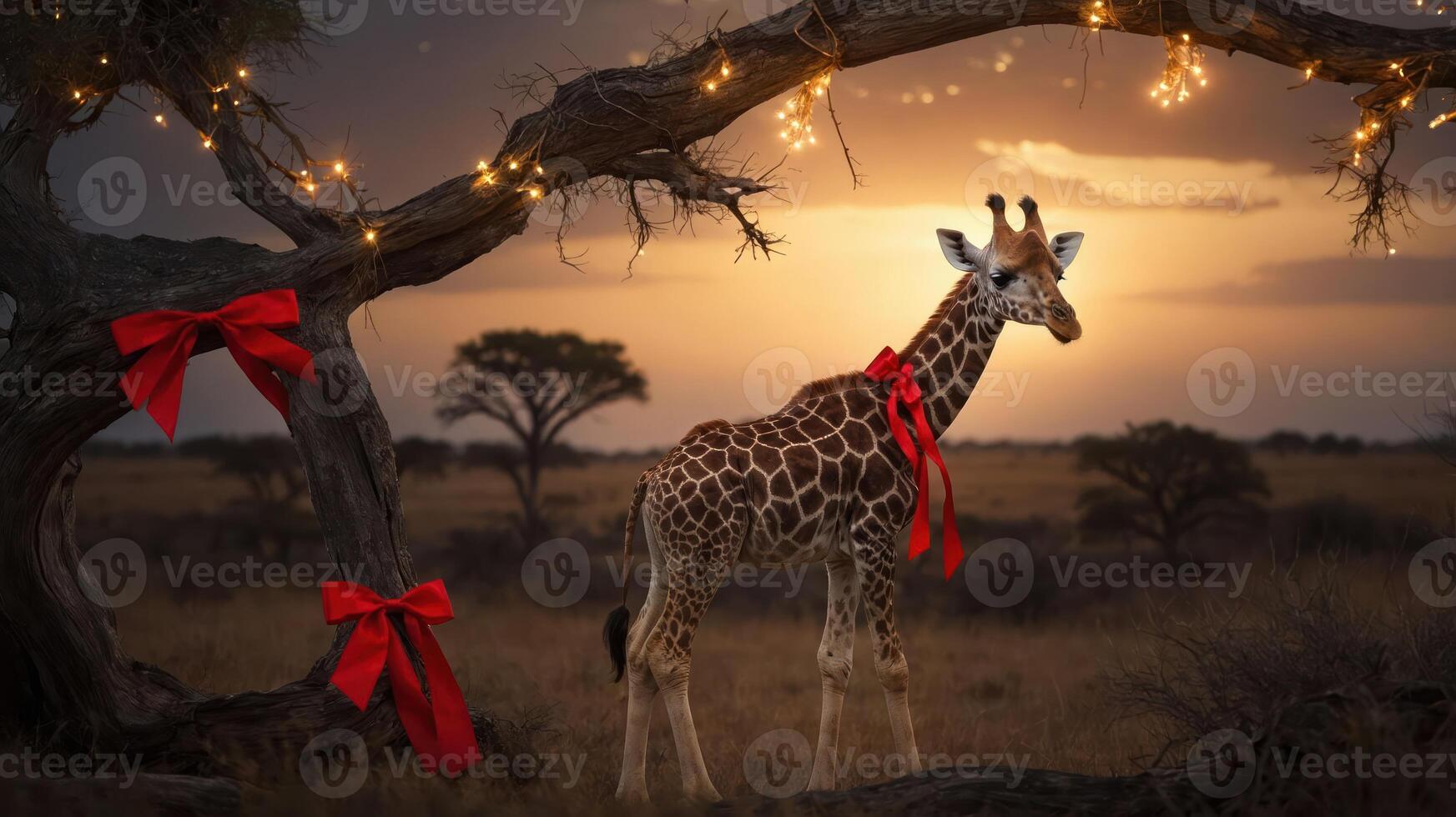 A giraffe adorned with red bows stands under a tree decorated with lights at sunset. photo