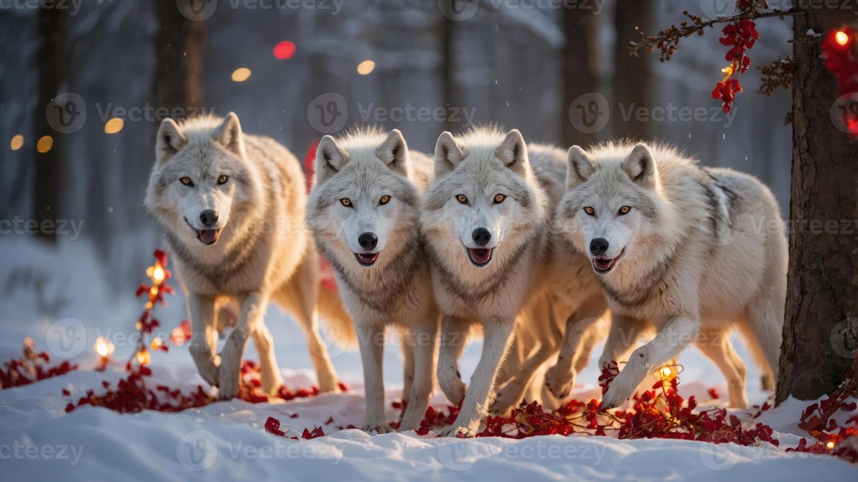 Four wolves walking through a snowy forest with festive lights and red leaves. photo