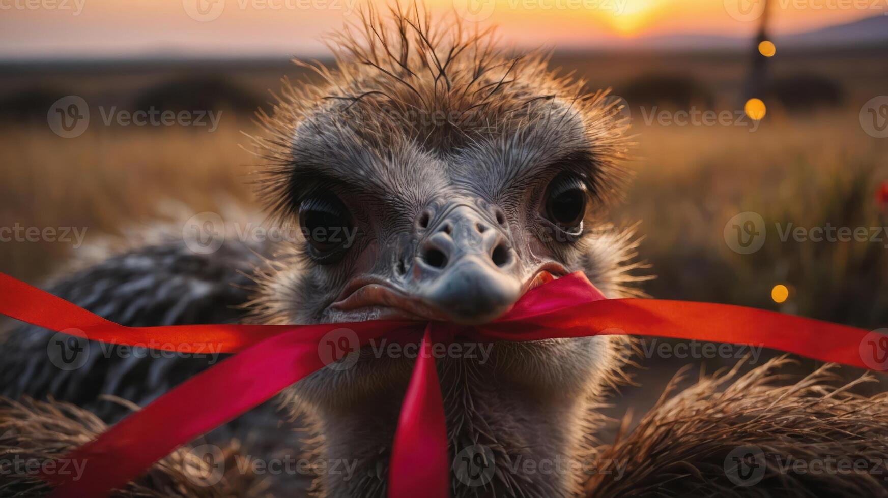 An ostrich holding a red ribbon in its beak against a sunset backdrop. photo