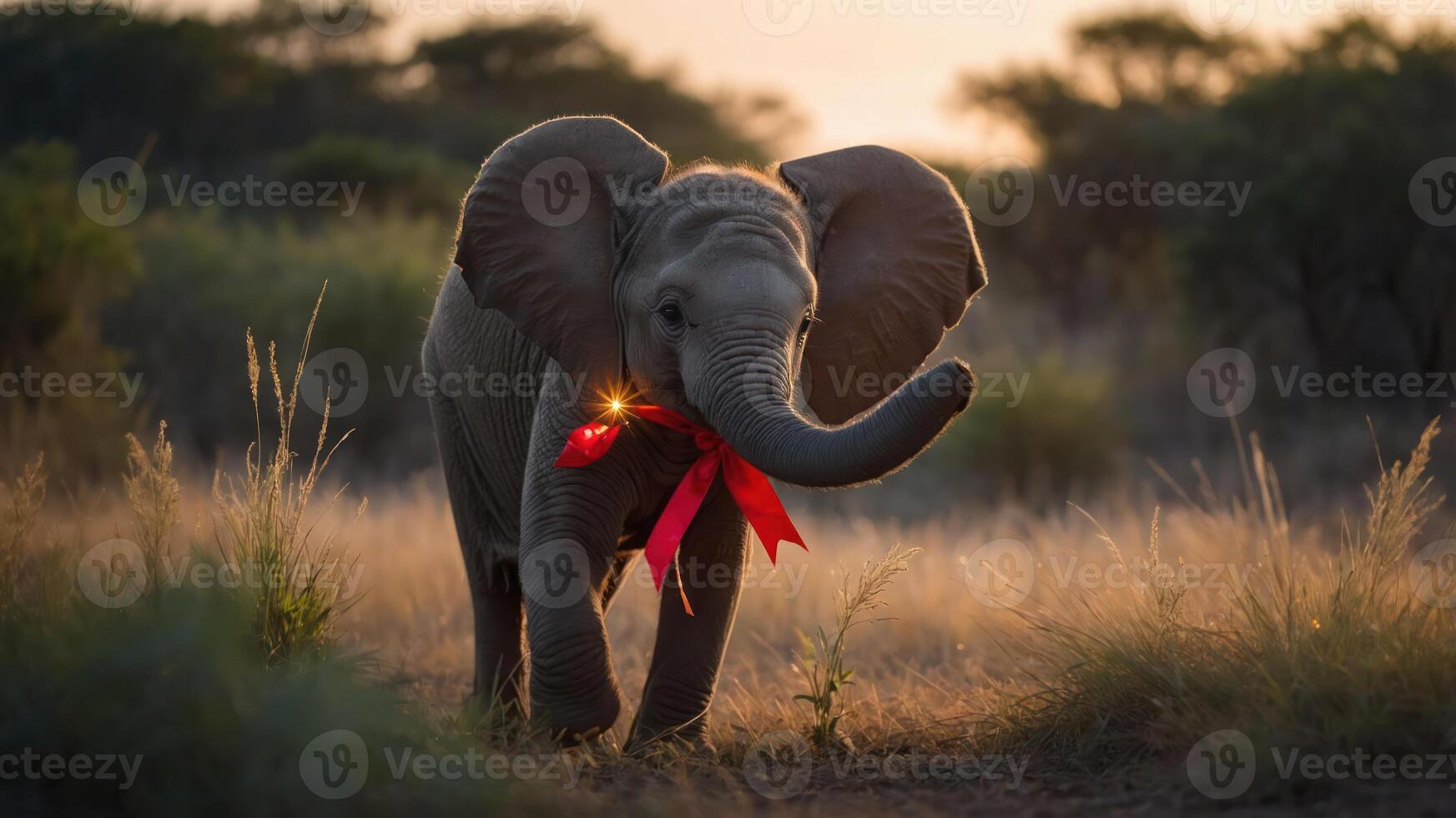 A young elephant adorned with a red ribbon walks through a grassy landscape at sunset. photo