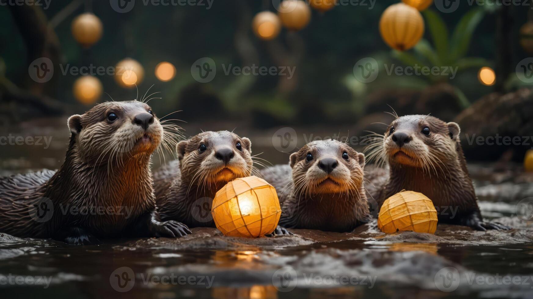 Four otters play with lanterns in a serene, illuminated water setting. photo