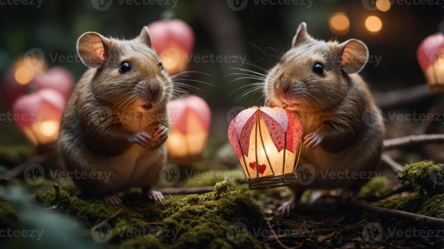 Two hamsters holding a lantern amidst a whimsical, illuminated forest setting. photo