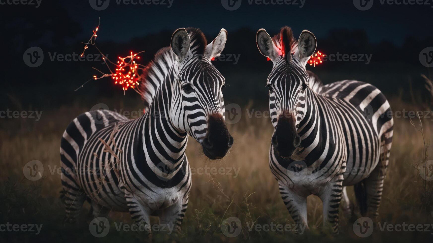 Two zebras with glowing decorations in a grassy field at night. photo