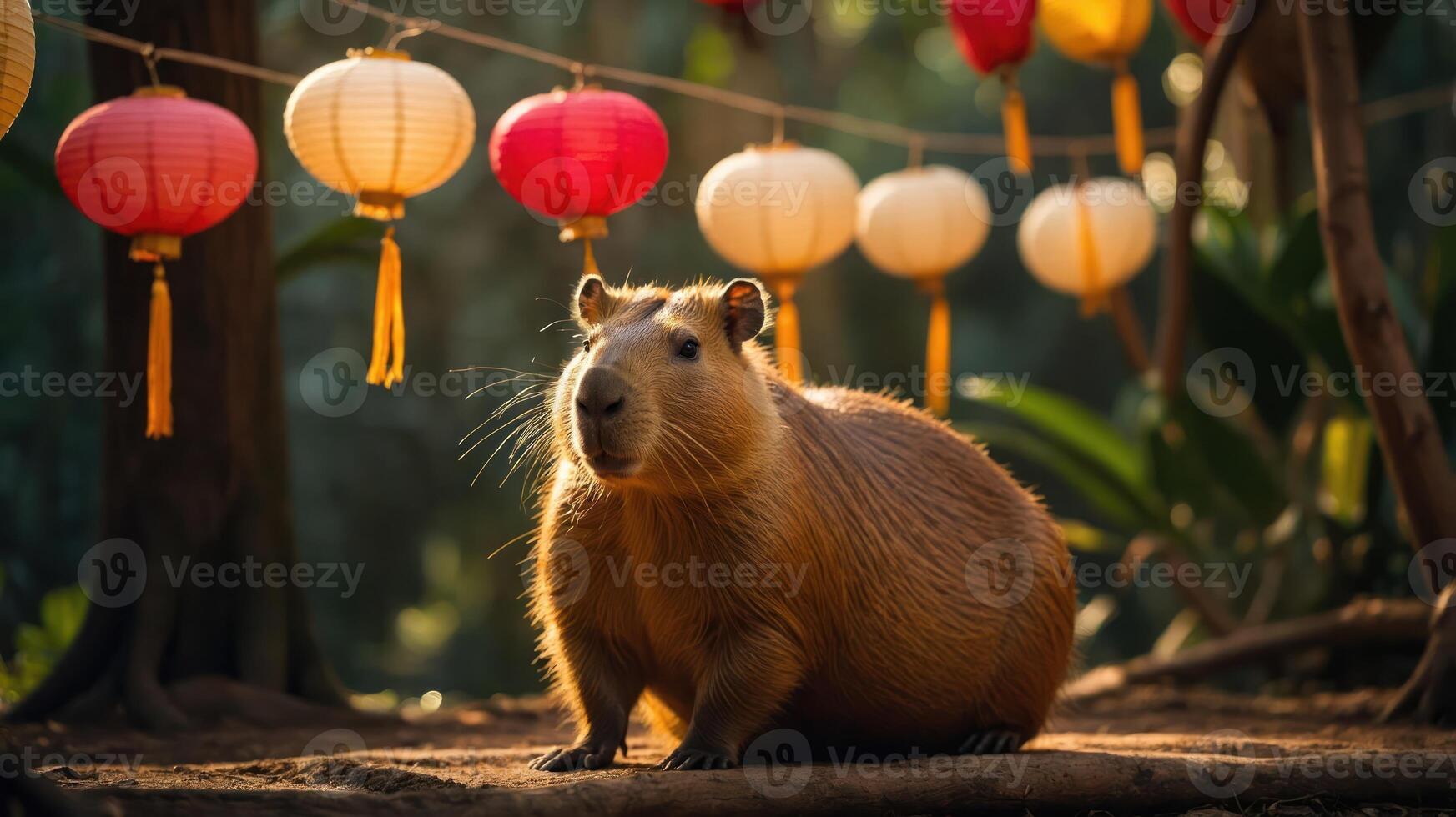 A capybara sits peacefully under colorful lanterns in a serene, nature-filled setting. photo
