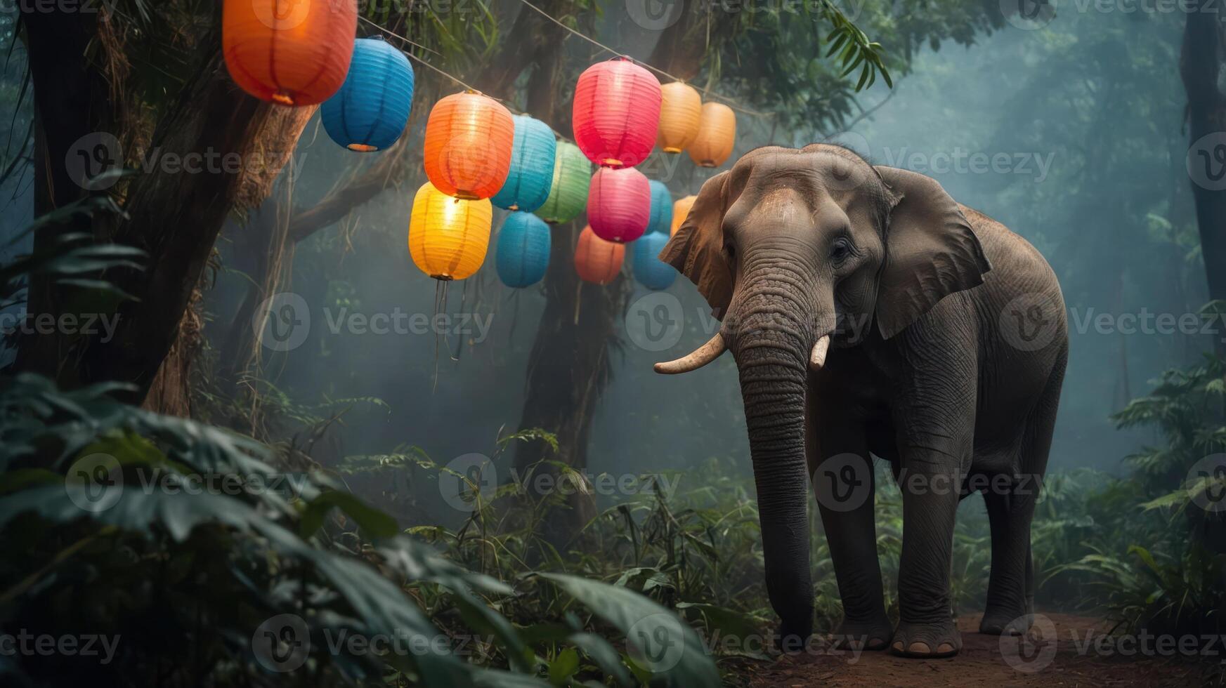 An elephant stands in a misty forest adorned with colorful lanterns. photo