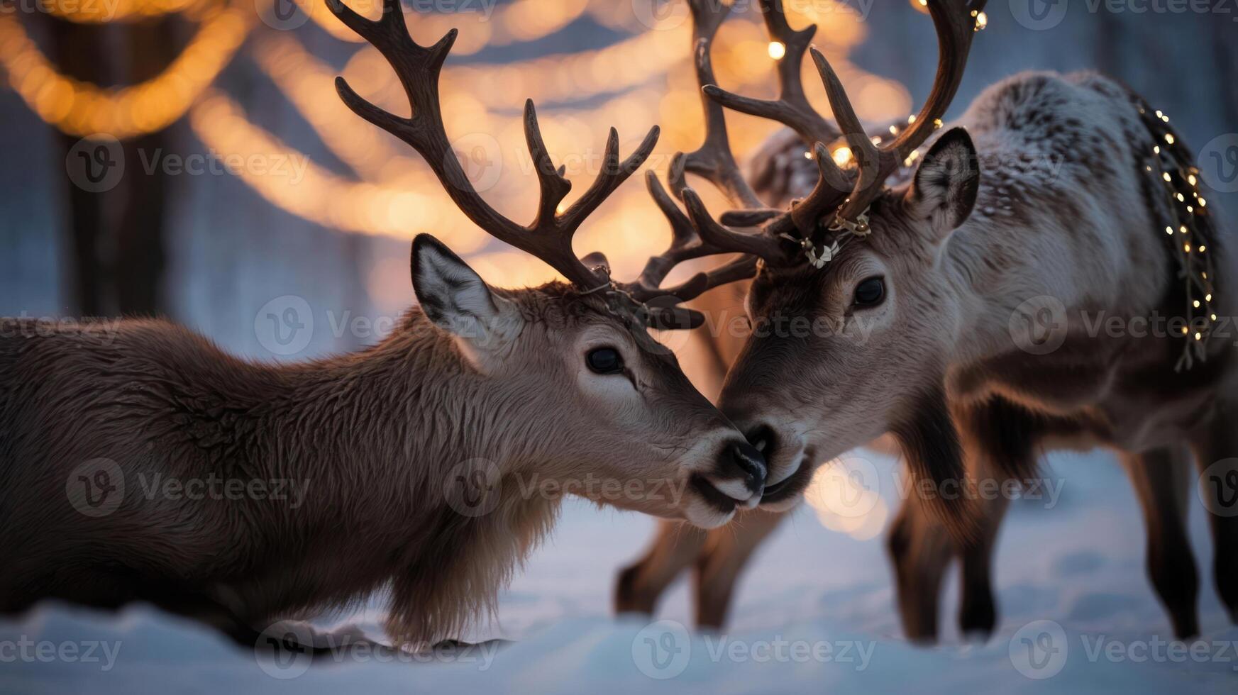 Two reindeer nuzzle in a snowy landscape adorned with warm fairy lights. photo