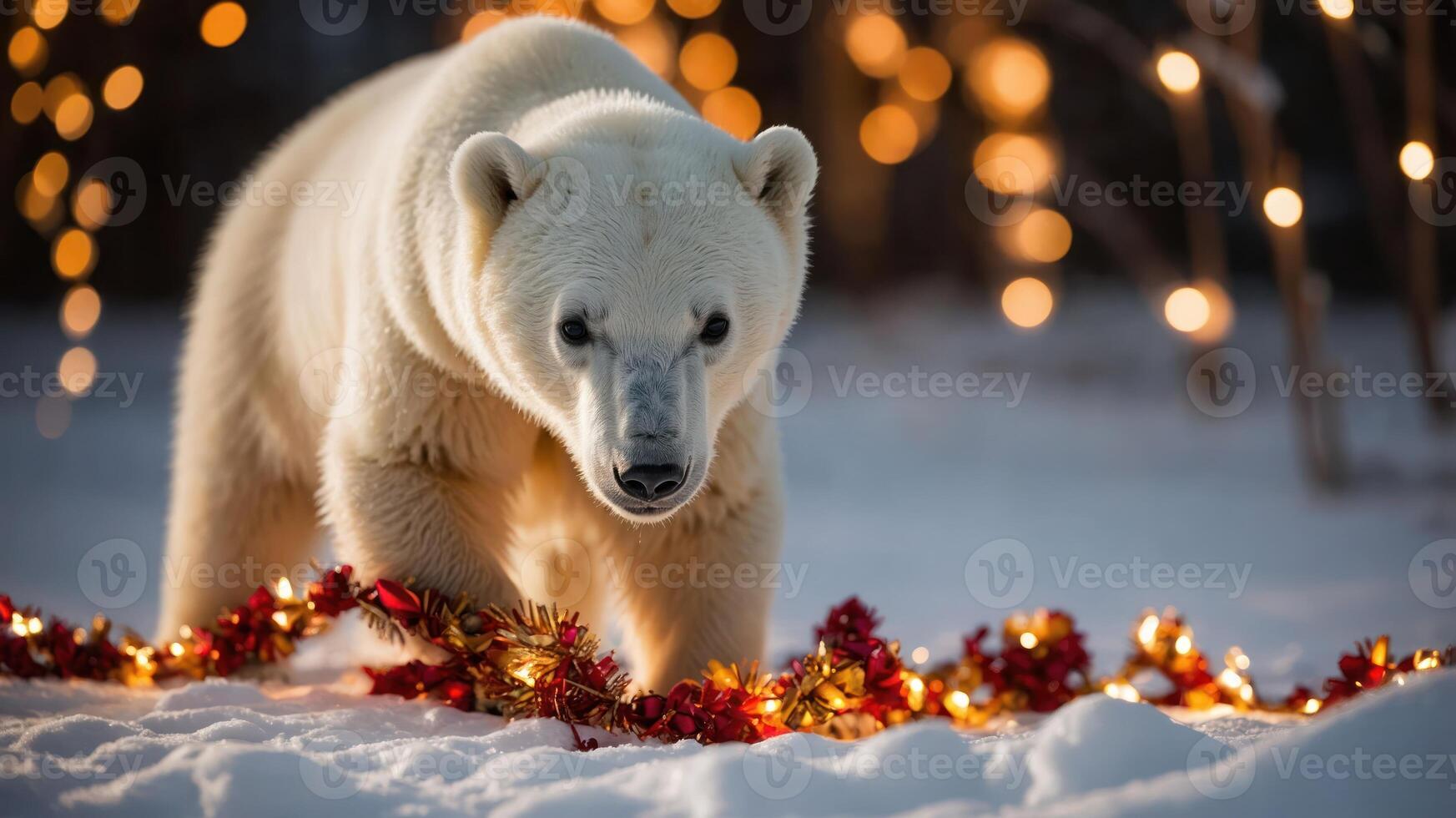 A polar bear interacts with festive decorations in a snowy landscape. photo