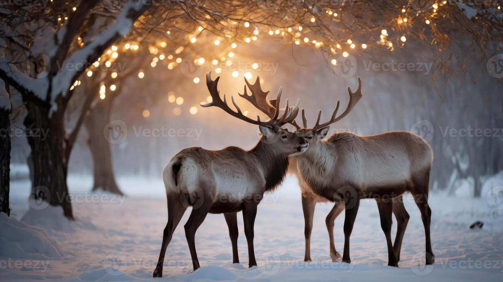 Two reindeer nuzzle in a snowy landscape adorned with twinkling lights. photo