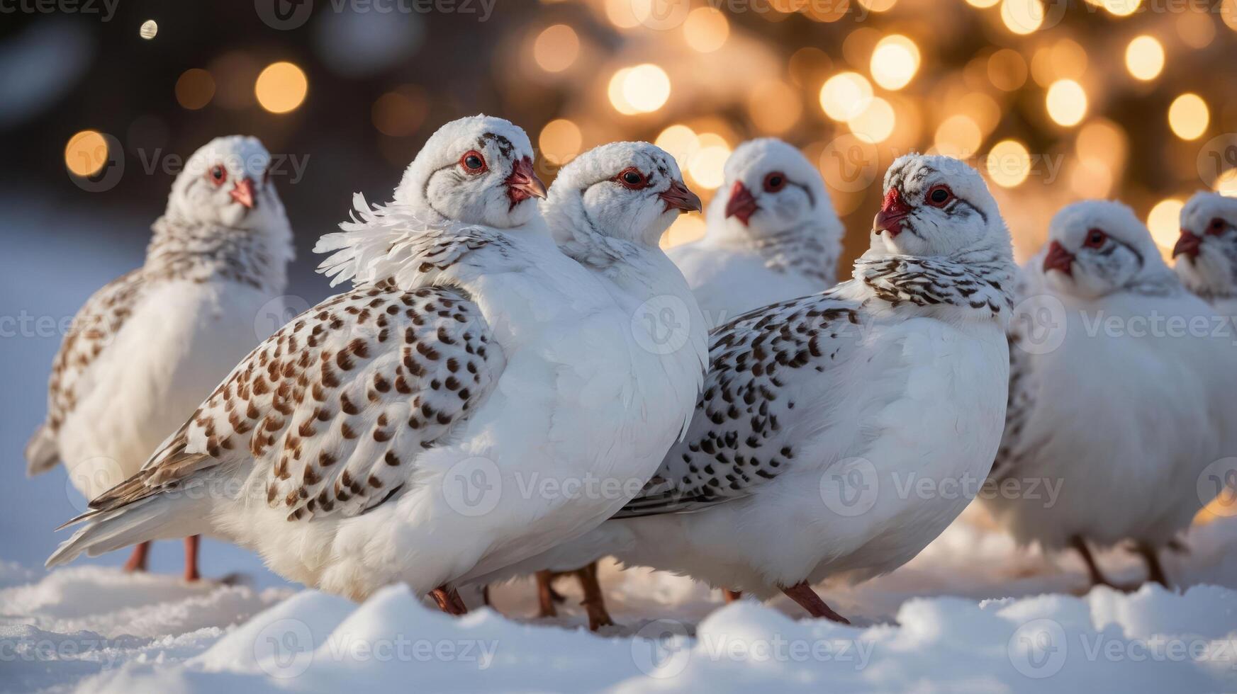 A group of plump, white birds with spotted feathers standing on snow, with festive lights in the background. photo
