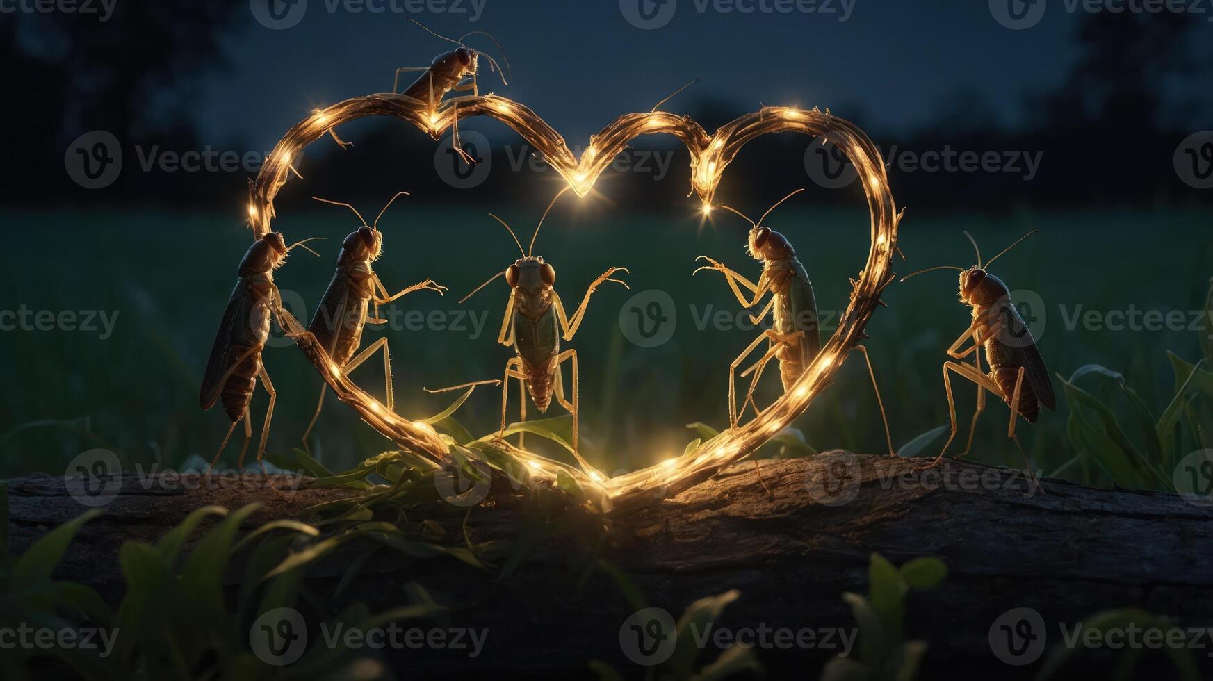 A whimsical scene of crickets forming a heart shape with lights, celebrating nature and connection. photo