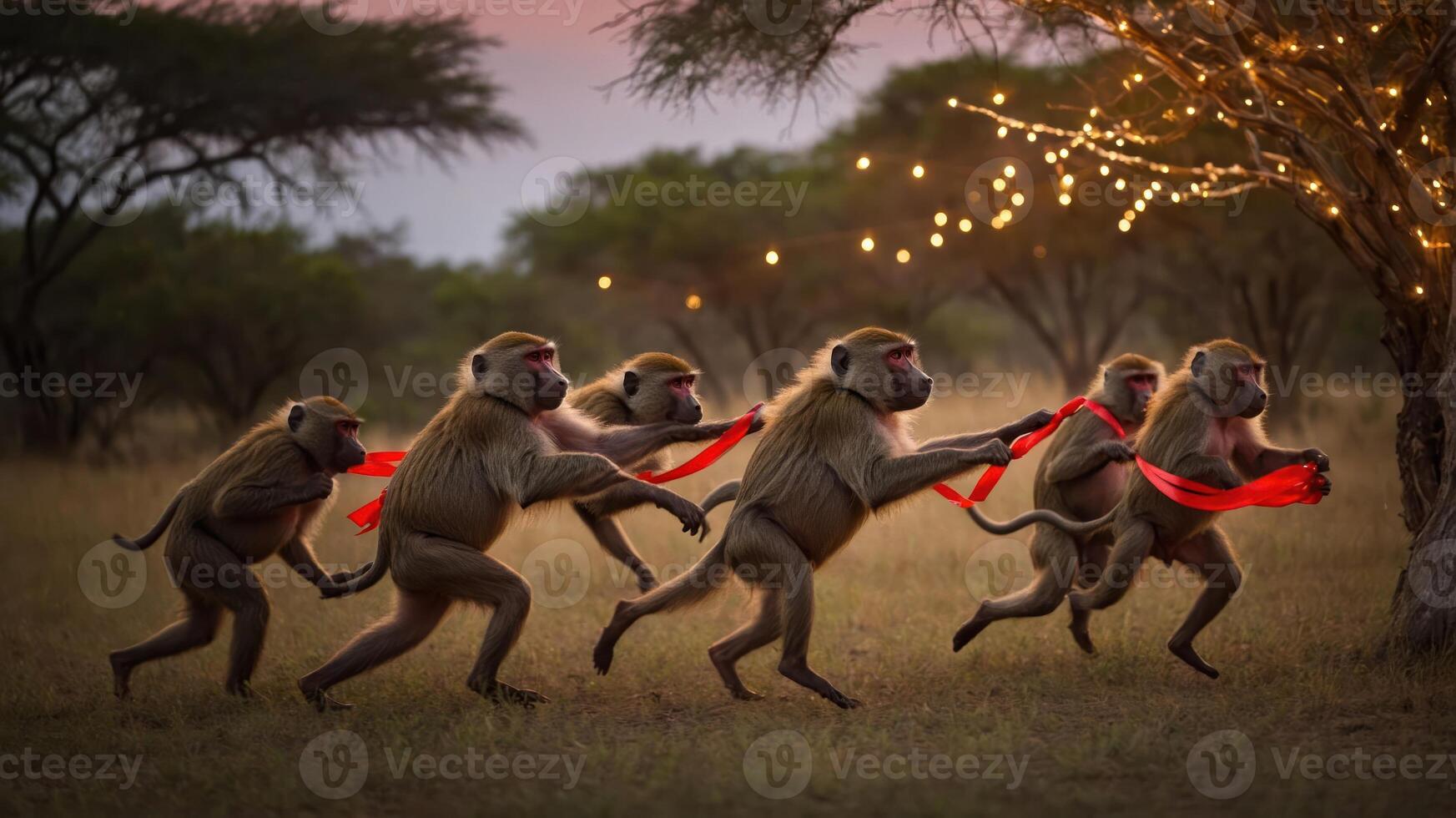 A group of baboons playfully running with red ribbons in a scenic landscape at dusk. photo