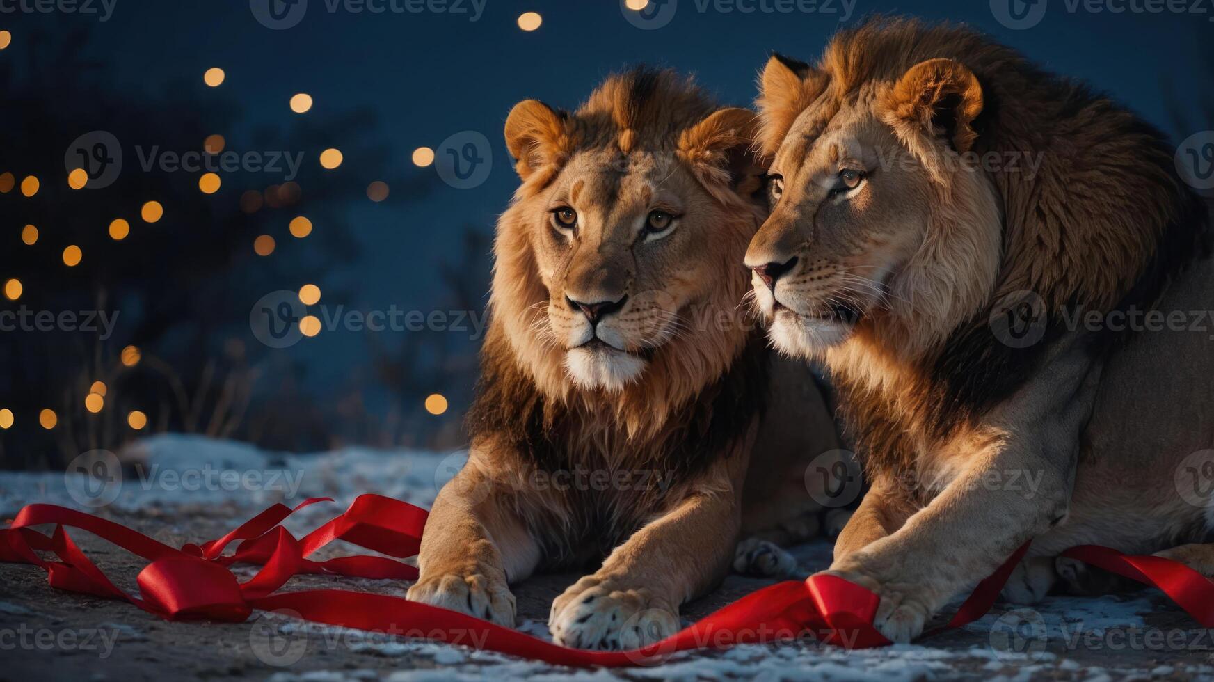 Two lions resting together with red ribbons and a soft bokeh background. photo