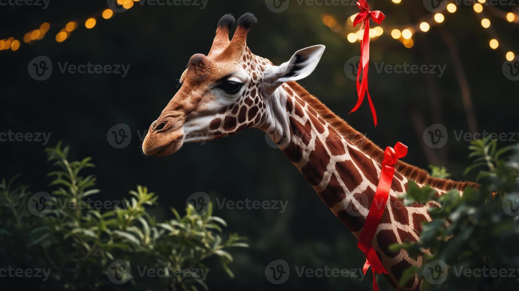 A giraffe adorned with red ribbons stands amidst greenery and festive lights. photo