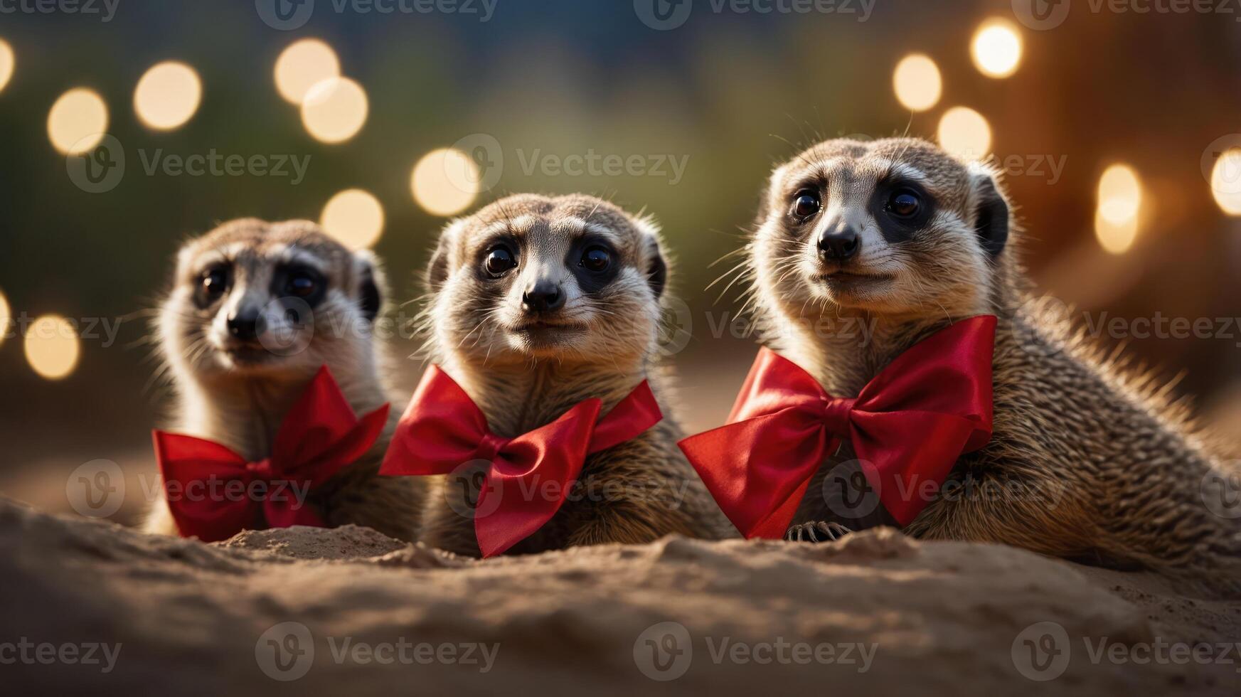 Three meerkats wearing red bows, posed against a blurred background of lights. photo