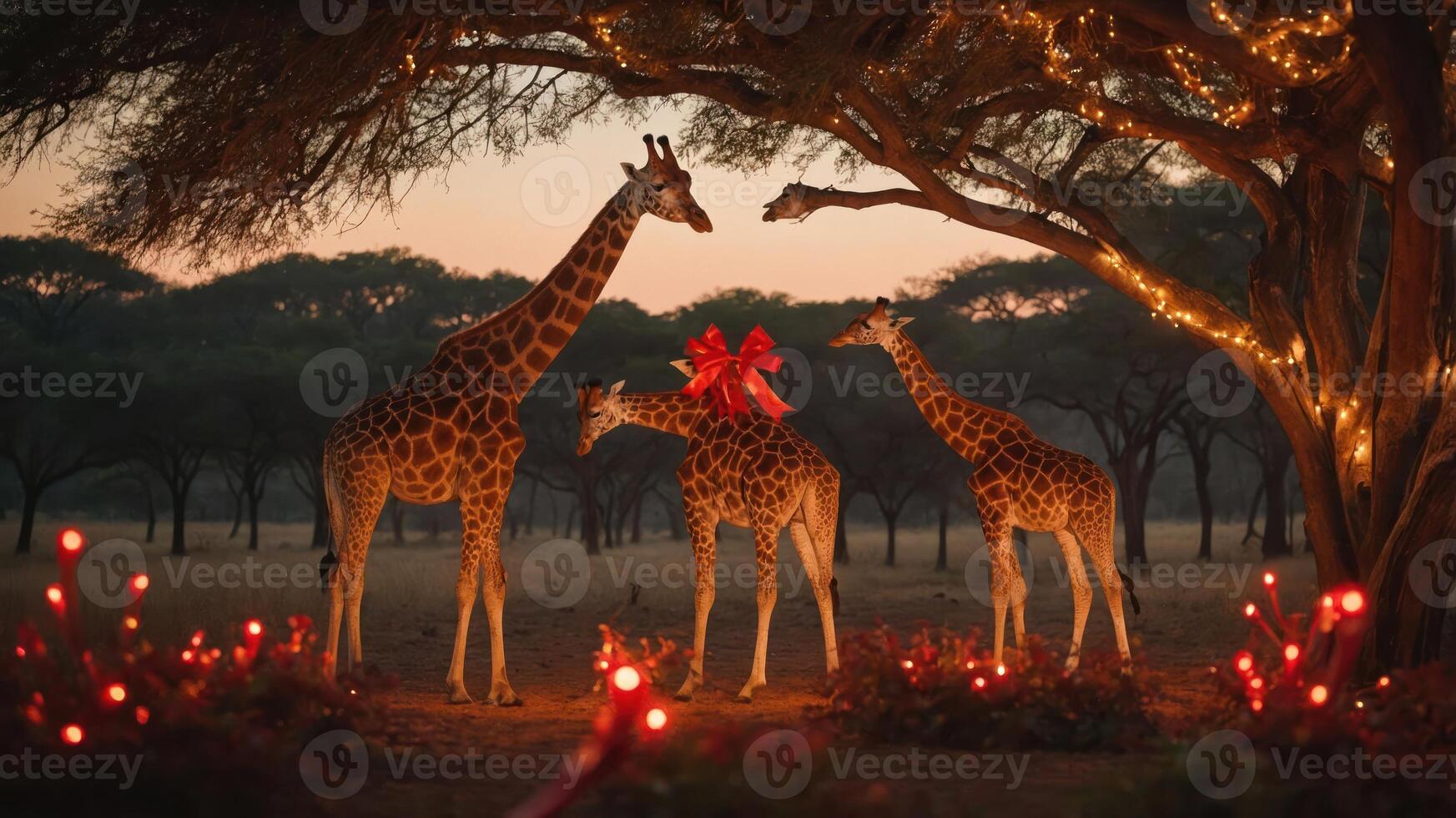 Giraffes adorned with festive decorations in a serene landscape at dusk. photo