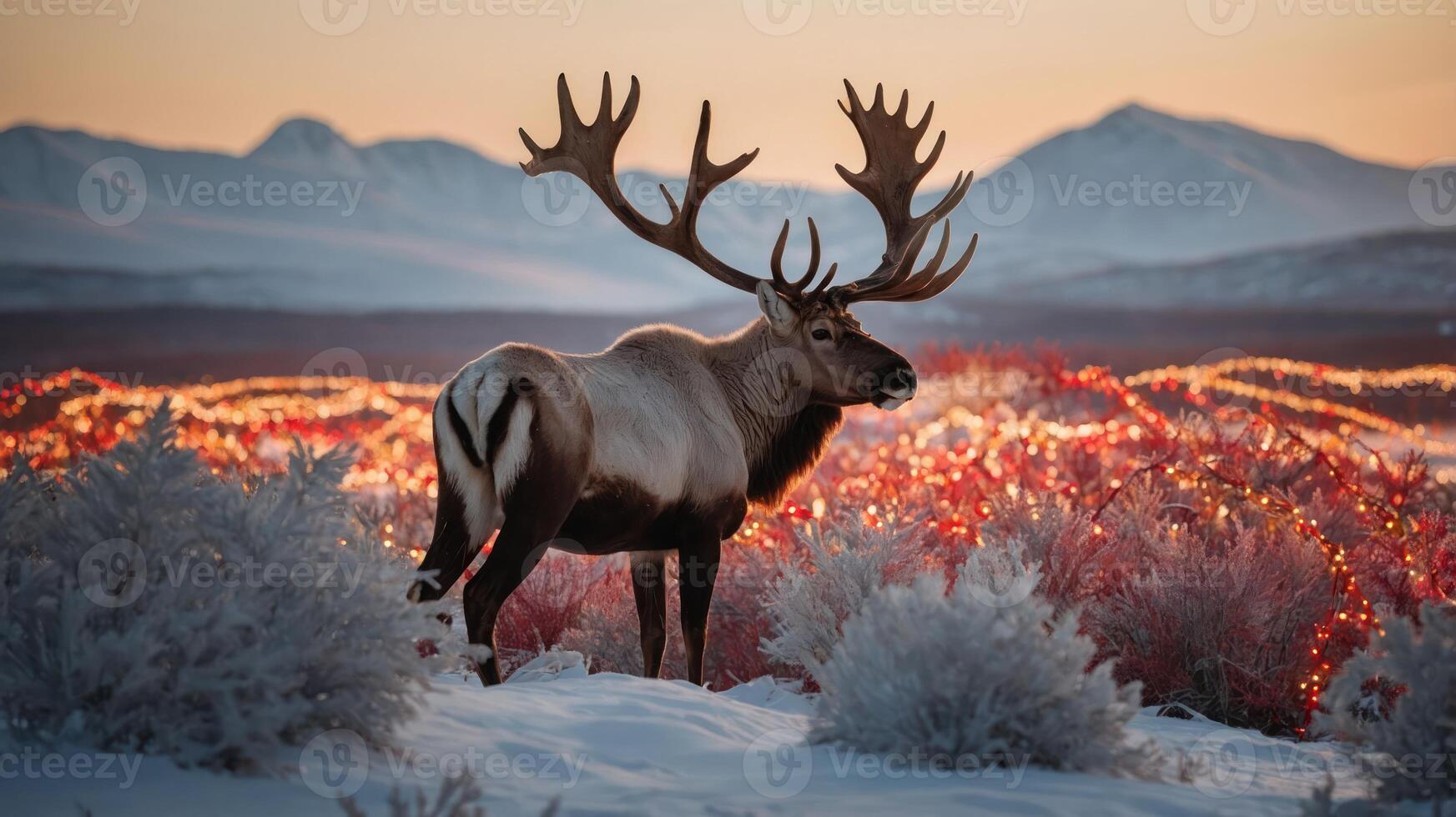 A majestic reindeer stands amidst a snowy landscape adorned with glowing lights. photo
