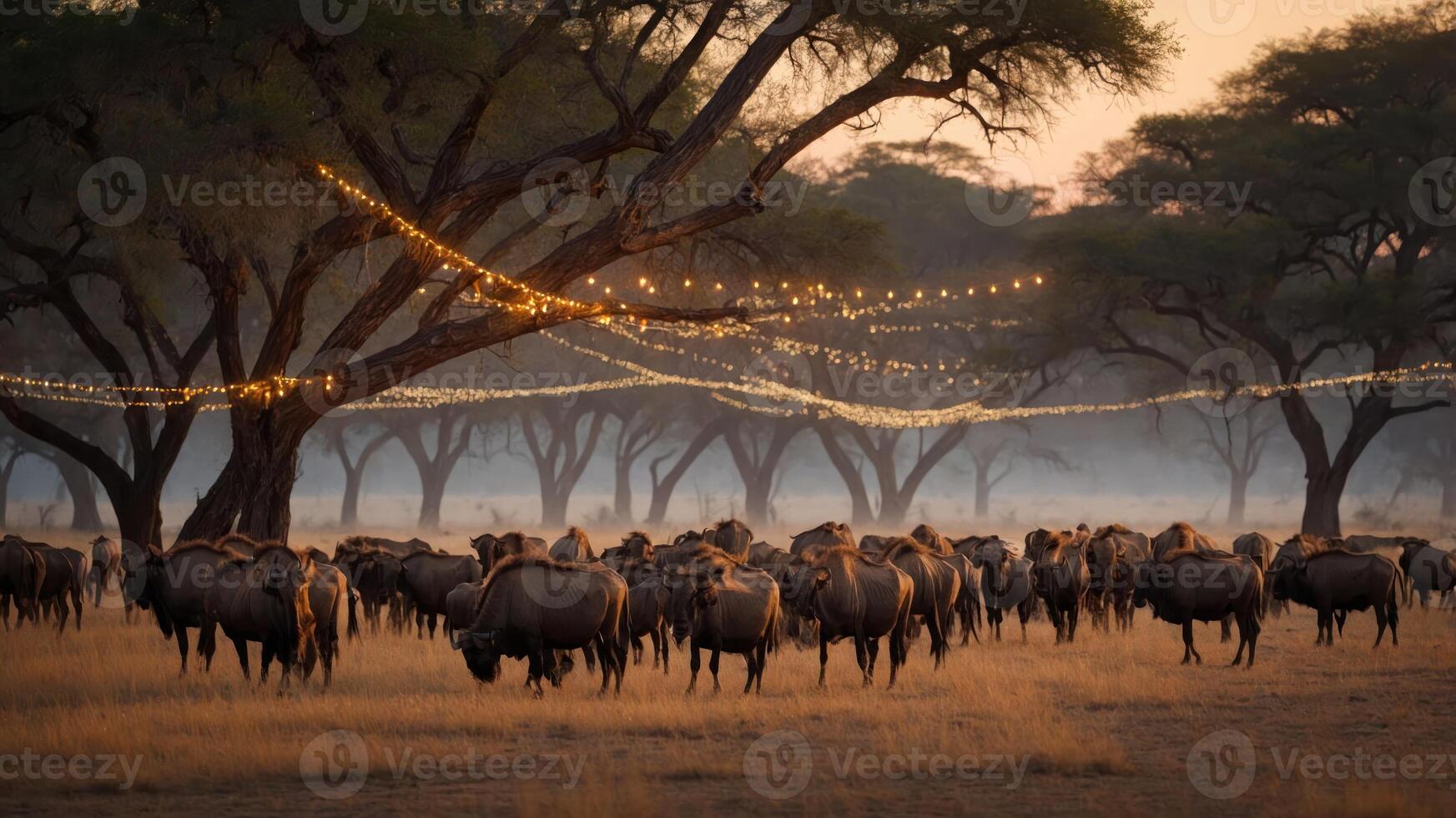 A herd of buffalo gathered under trees adorned with lights at dusk. photo