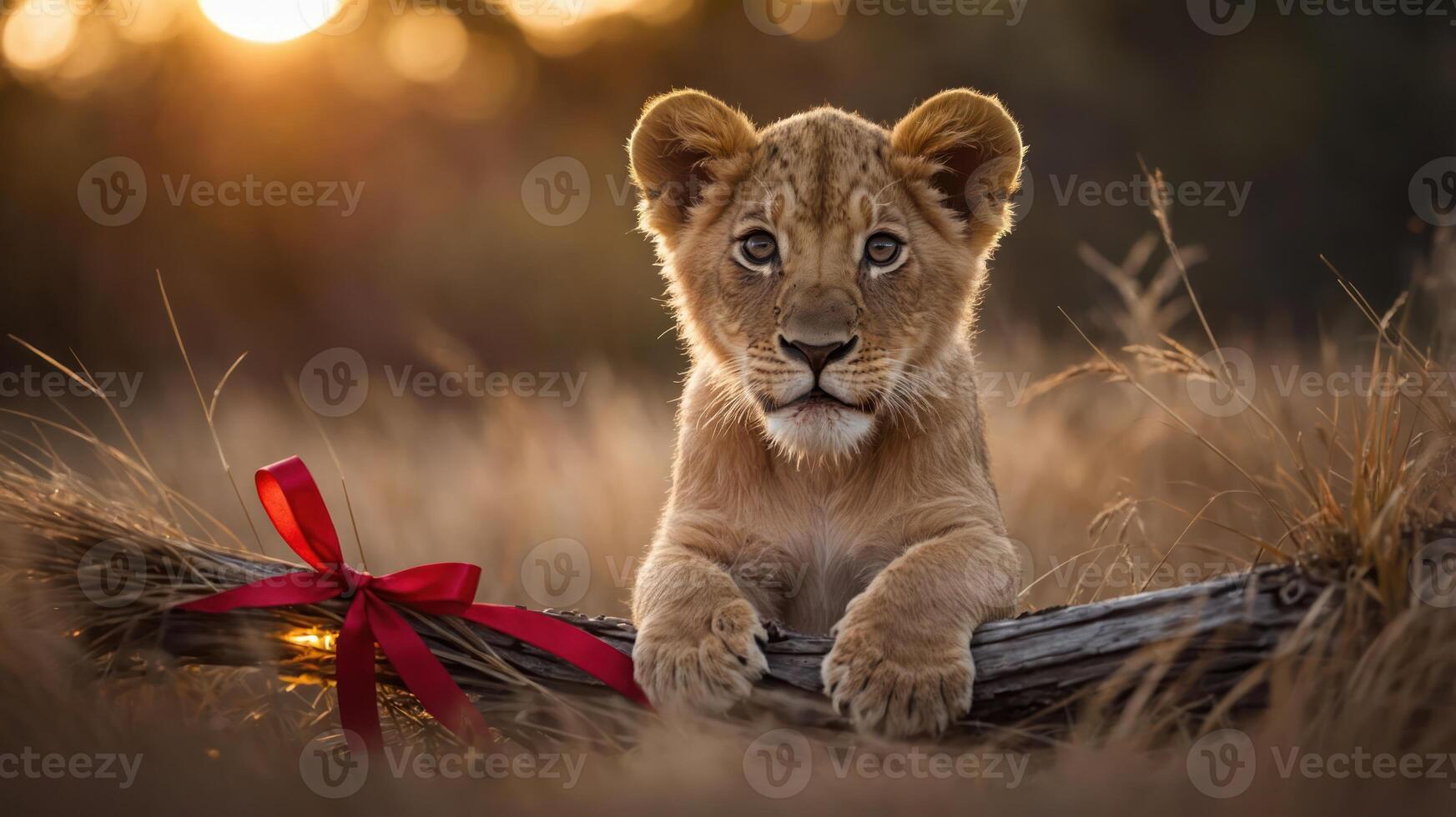 A playful lion cub rests on a branch, adorned with a red ribbon, in a sunlit savanna. photo