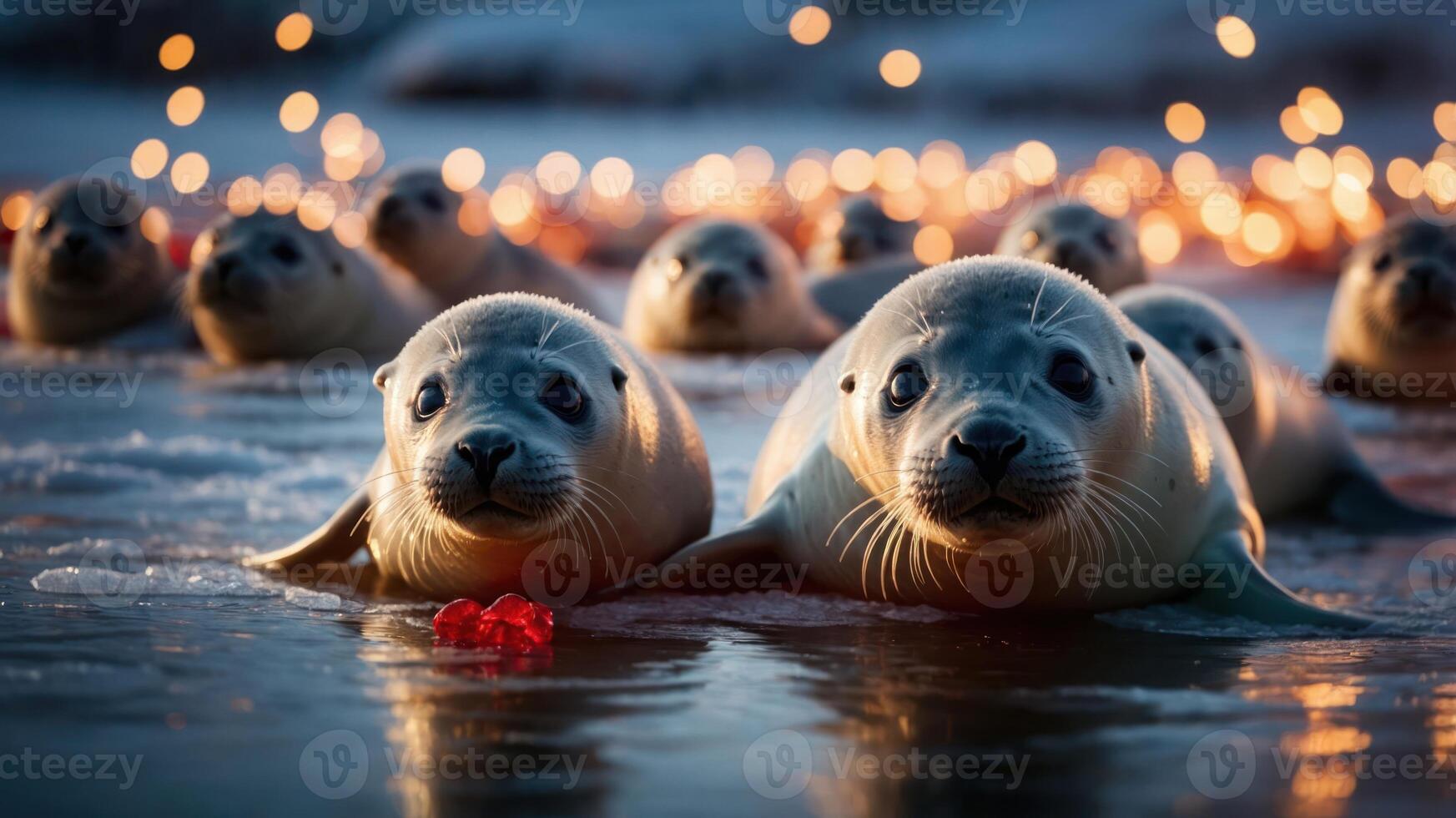 A group of seals resting on ice, illuminated by soft lights in the background. photo