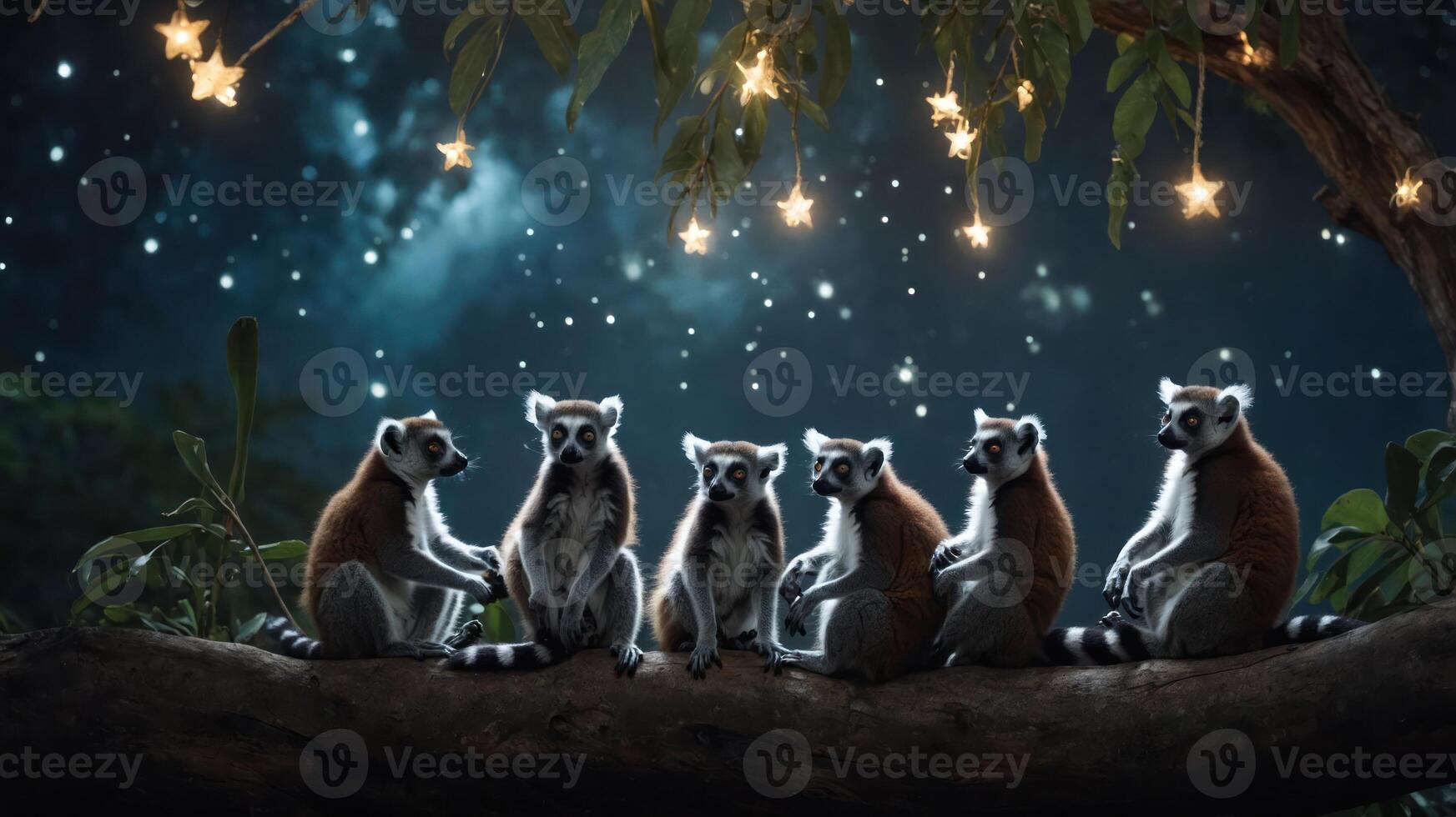 A serene night scene featuring a group of lemurs under twinkling stars. photo
