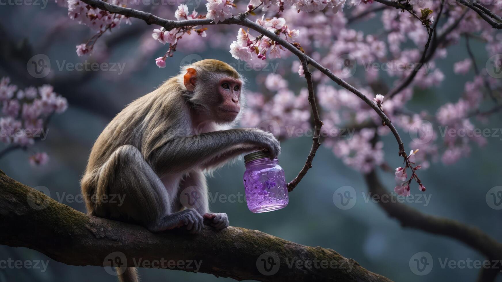 A monkey perched on a branch holds a jar among blooming cherry blossoms. photo