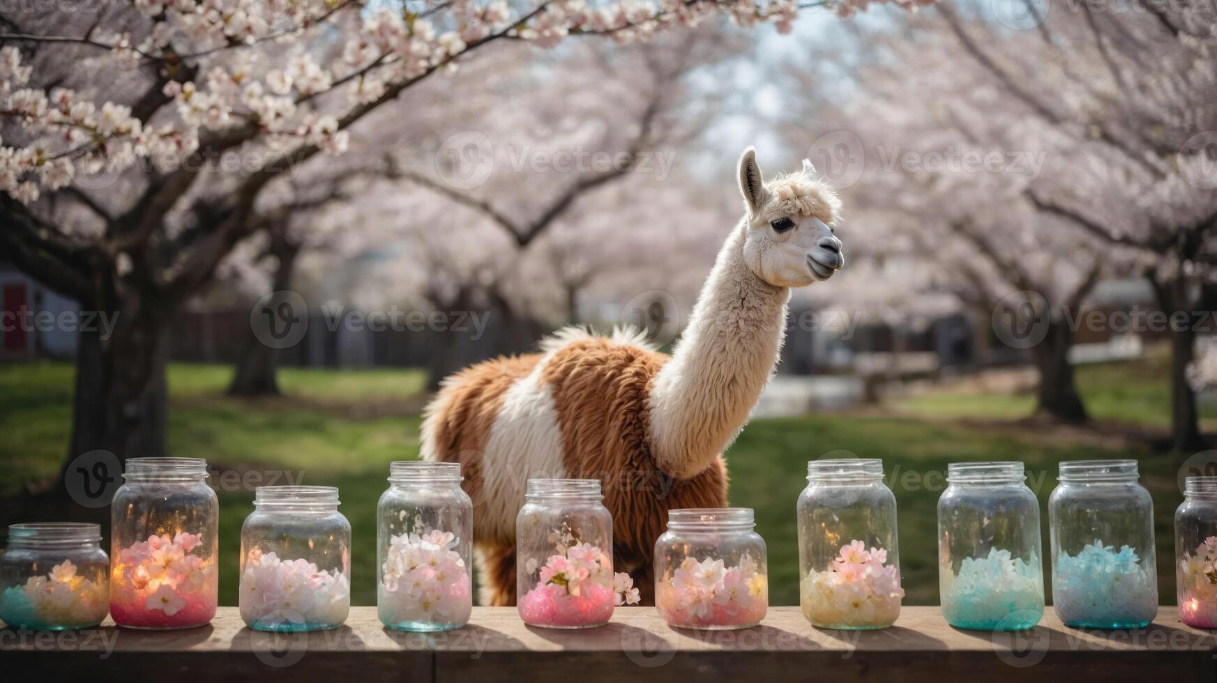 A llama stands among jars filled with colorful flowers under cherry blossom trees. photo