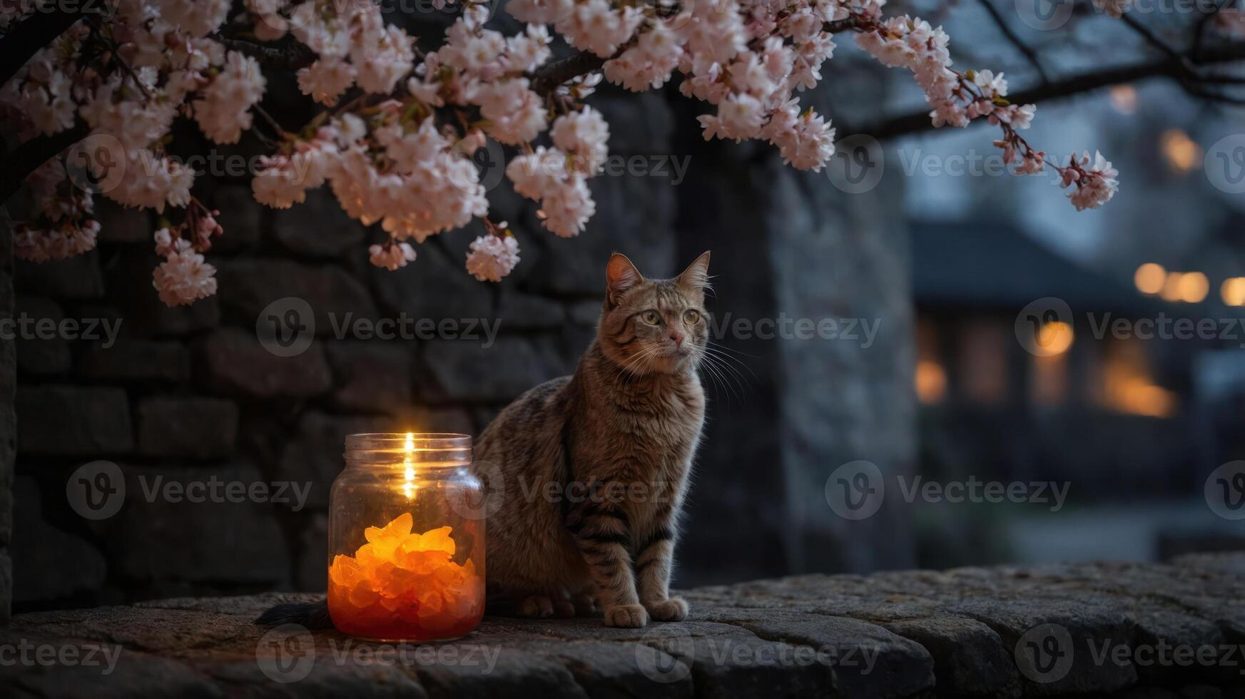 A serene scene featuring a cat beside a glowing jar and blooming cherry blossoms. photo