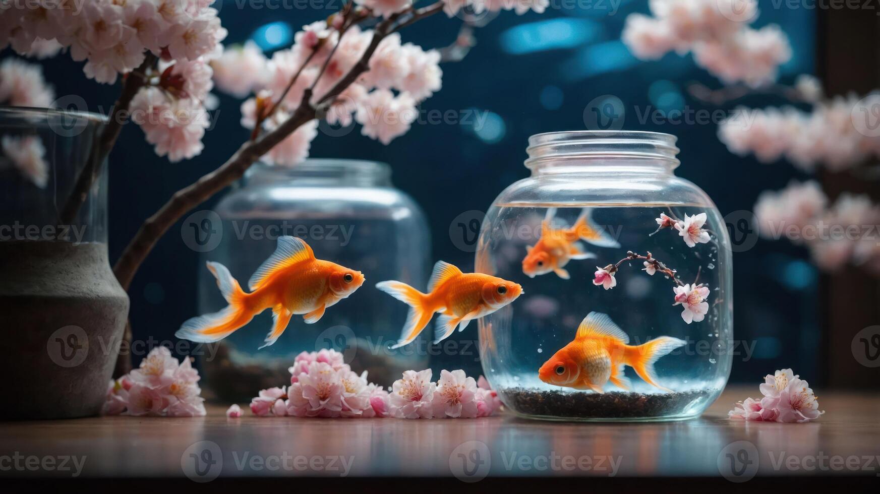 A serene scene featuring goldfish swimming in glass jars surrounded by cherry blossoms. photo