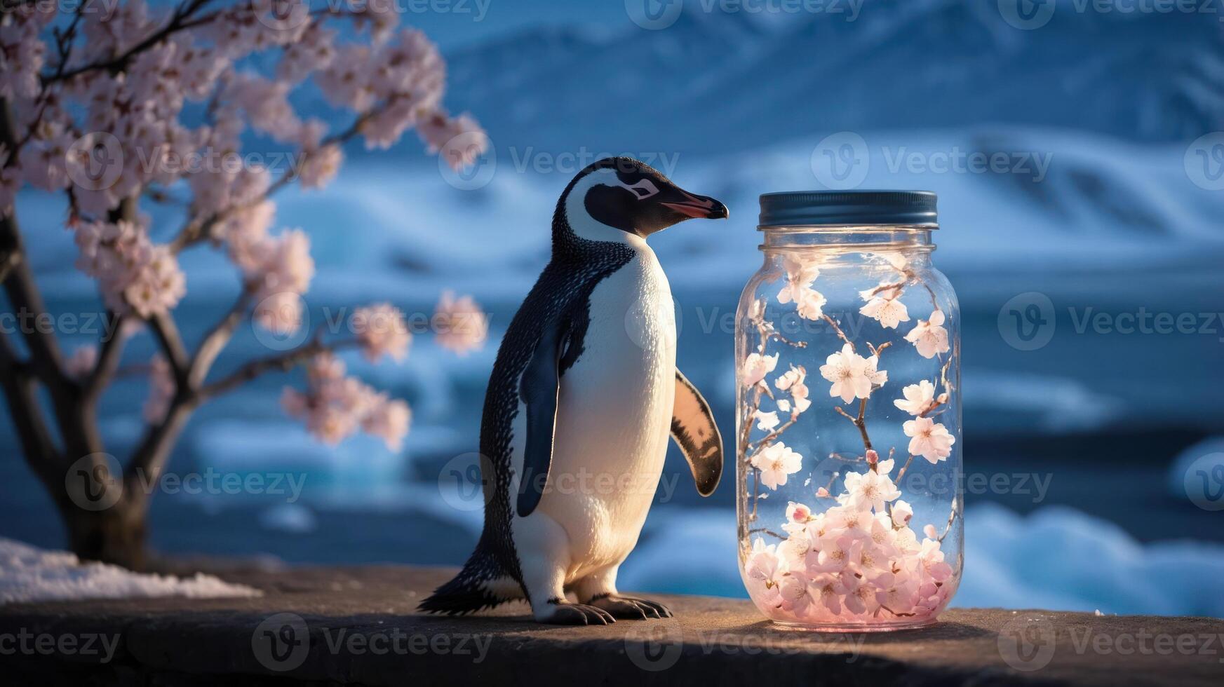 A penguin stands beside a glowing jar of cherry blossoms against a serene icy landscape. photo