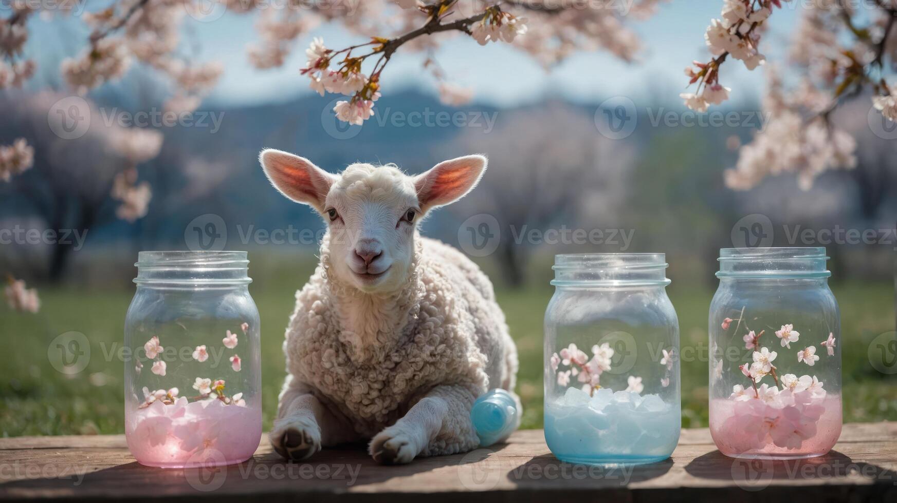 A cute lamb poses among pastel jars and cherry blossoms in a serene spring setting. photo