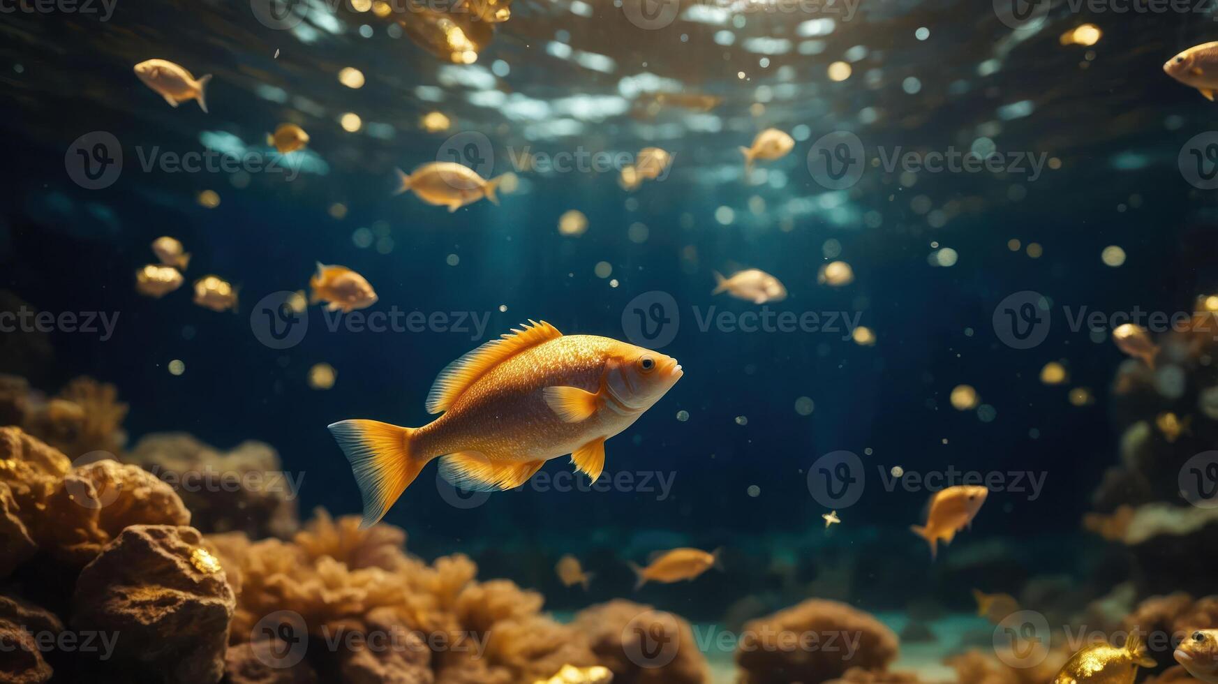 Underwater scene featuring colorful fish swimming among coral reefs. photo