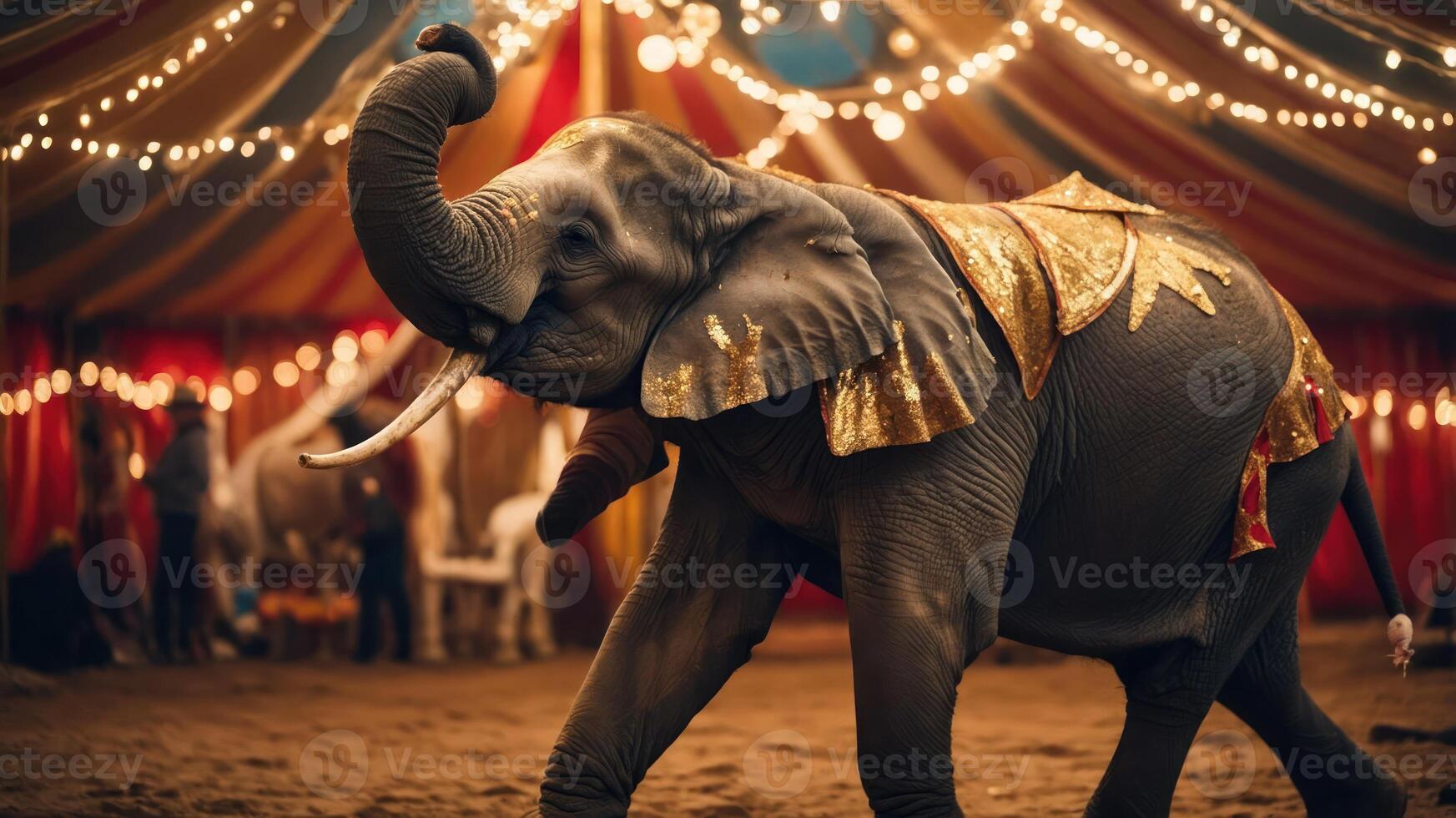 An elephant in a circus tent, adorned with a golden costume, performing under bright lights. photo