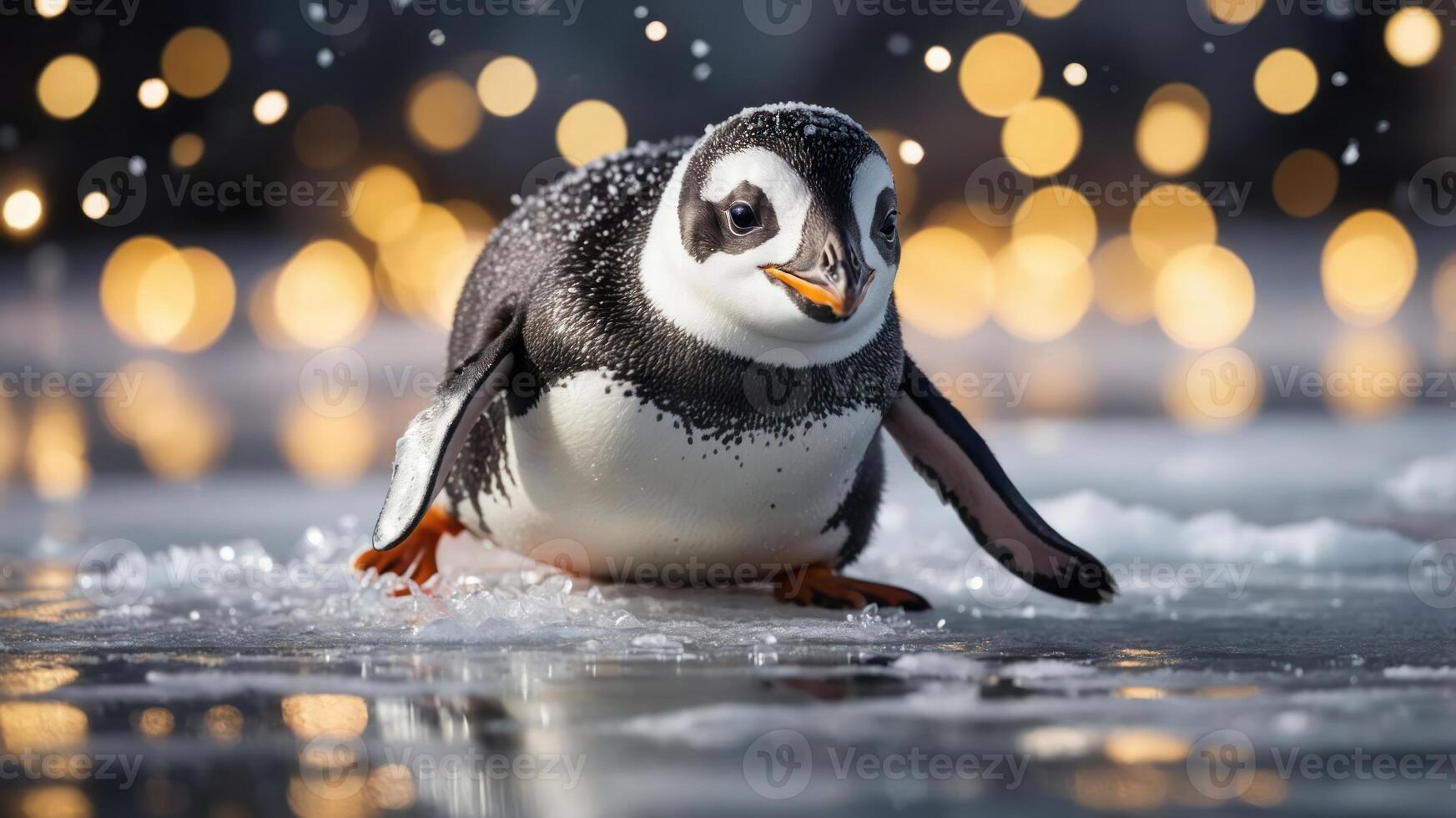 A playful penguin waddles across the ice, surrounded by sparkling lights. photo