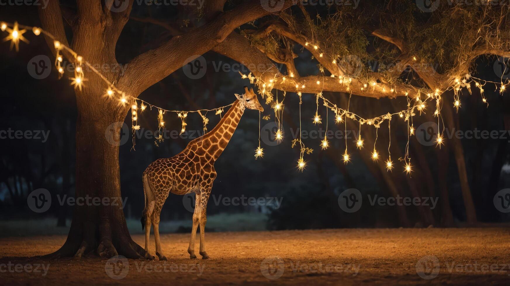 A giraffe stands under a tree adorned with glowing lights at night. photo