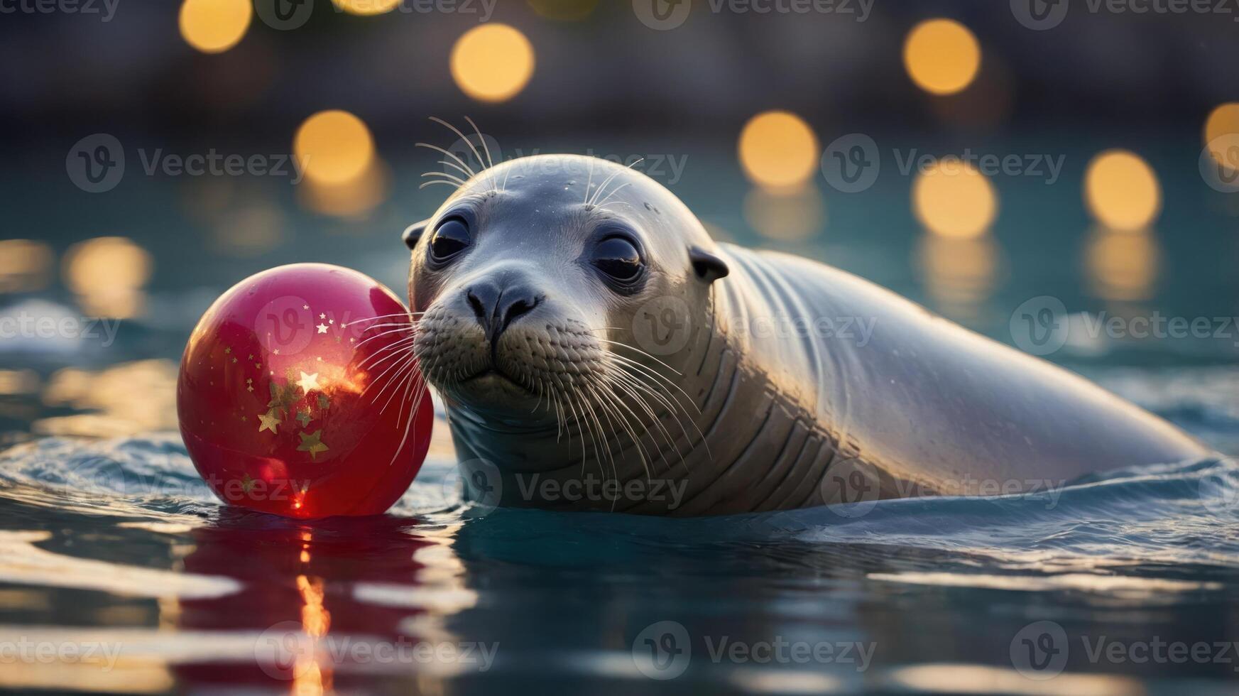 A seal floating in water with a festive red ball, surrounded by soft bokeh lights. photo